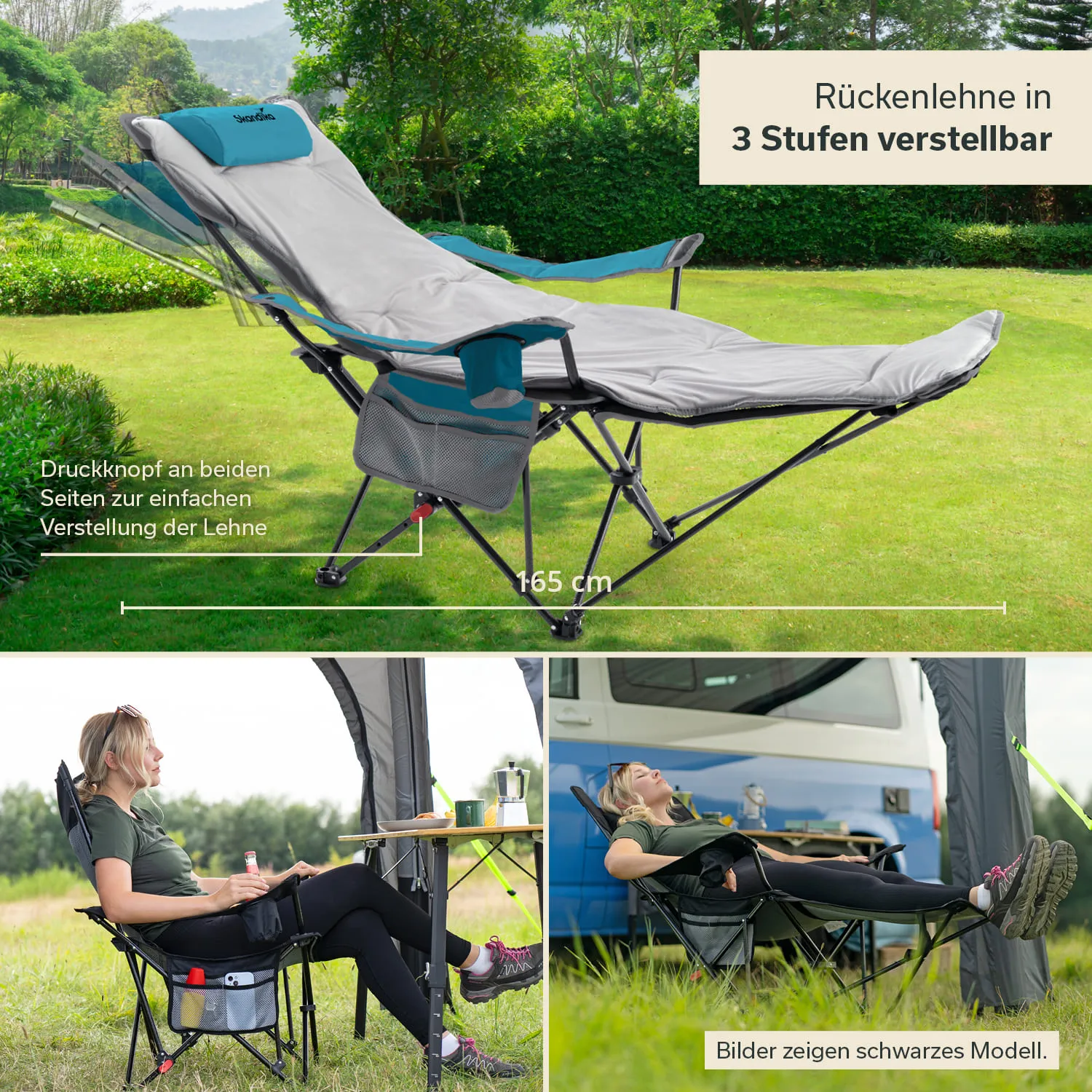 Verstellbarer Liegestuhl auf einer Wiese, mit Rückenlehne in drei Stufen. Neben einem Wohnmobil sitzt eine Person am Tisch.