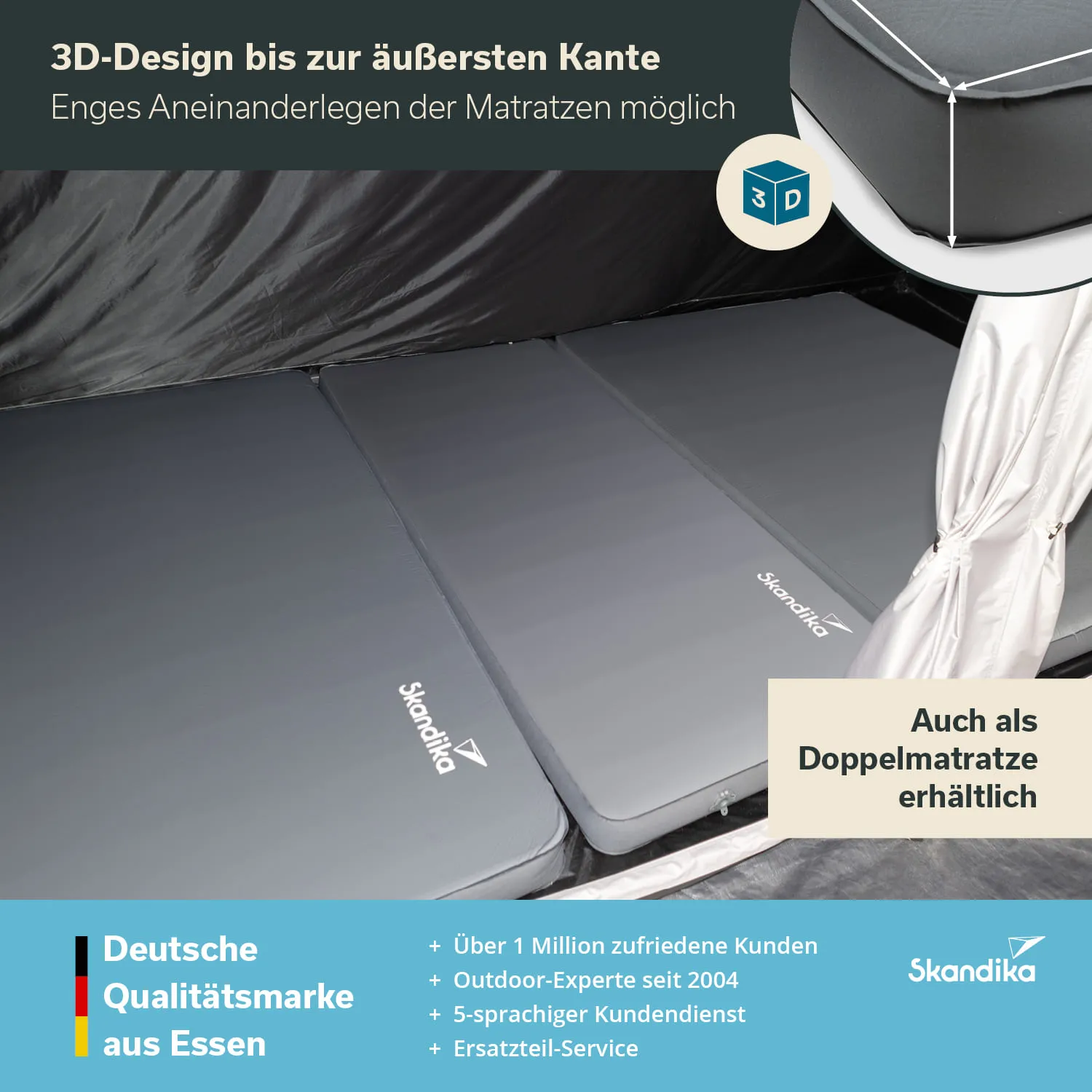 Drei graue Matratzen liegen nebeneinander in einem Zeltinneren, mit einem Überzug und einem Logo von Skandika sichtbar.