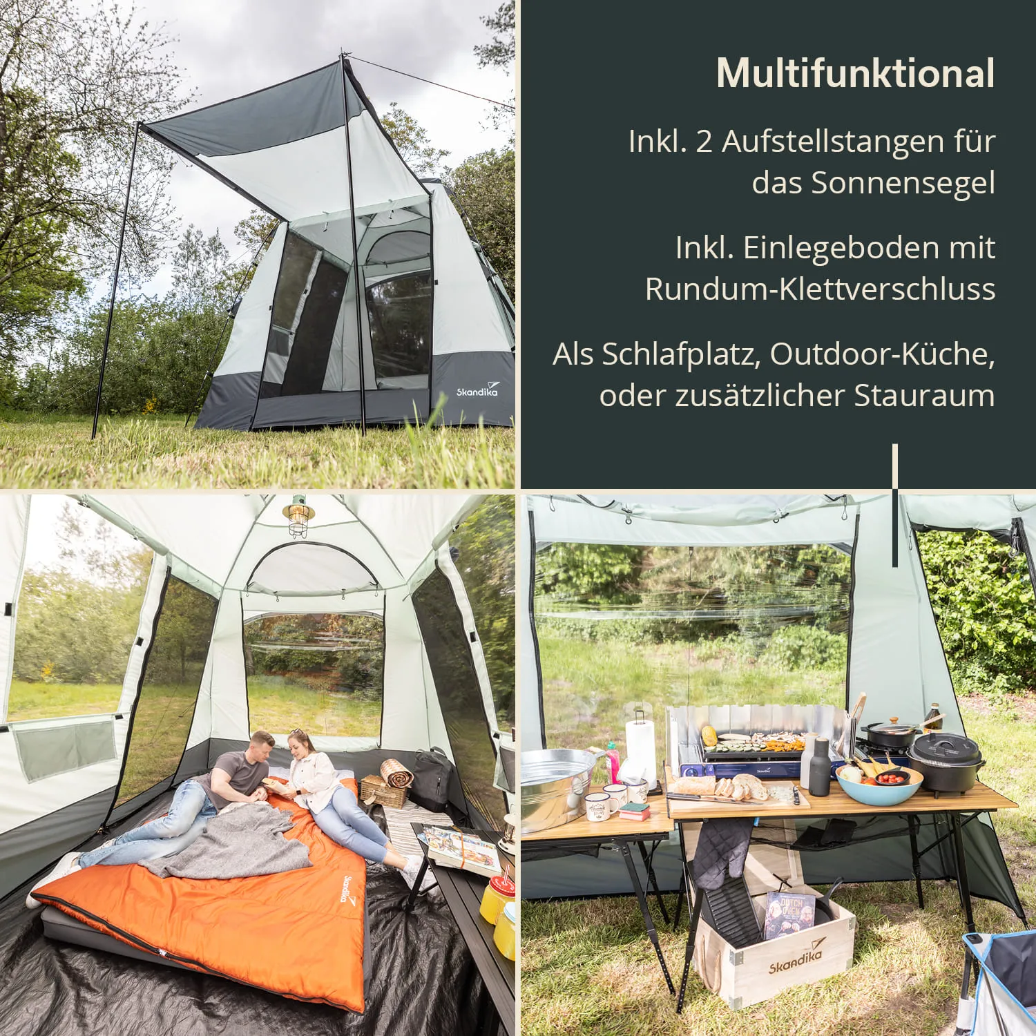 Multifunktionszelt mit zwei Aufstellstangen, innen Platz für Schlafmöglichkeit, Outdoor-Küche und Stauraum.