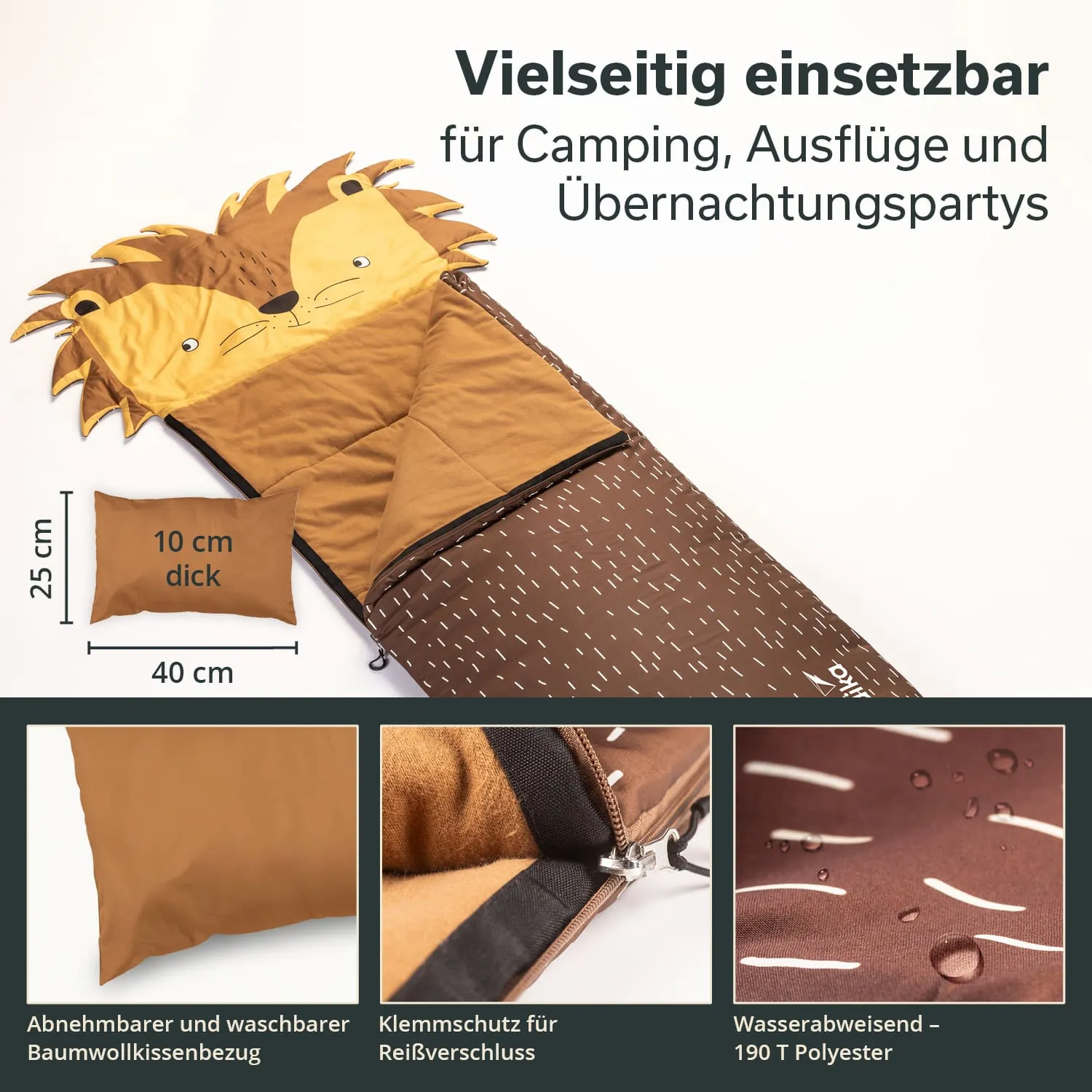 Schlafsack mit Löwenkopf-Design, braun mit weißen Mustern, abnehmbarem Kissen und Reißverschluss-Schutz. Maße: 25 cm hoch, 40 cm breit, 10 cm dick.