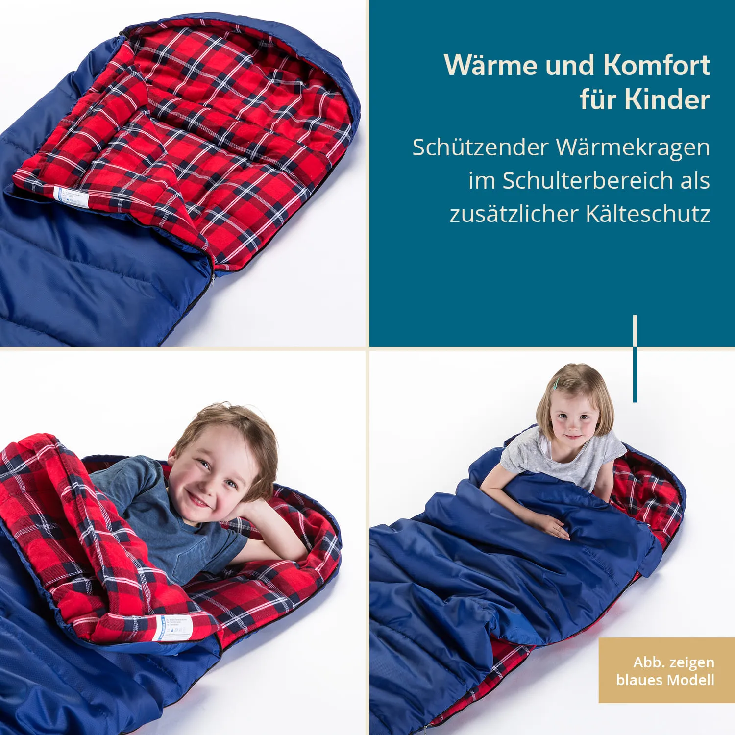 Schlafsack in Blau mit rotem Karomuster innen, ein Junge und ein Mädchen liegen entspannt darin, lächeln.