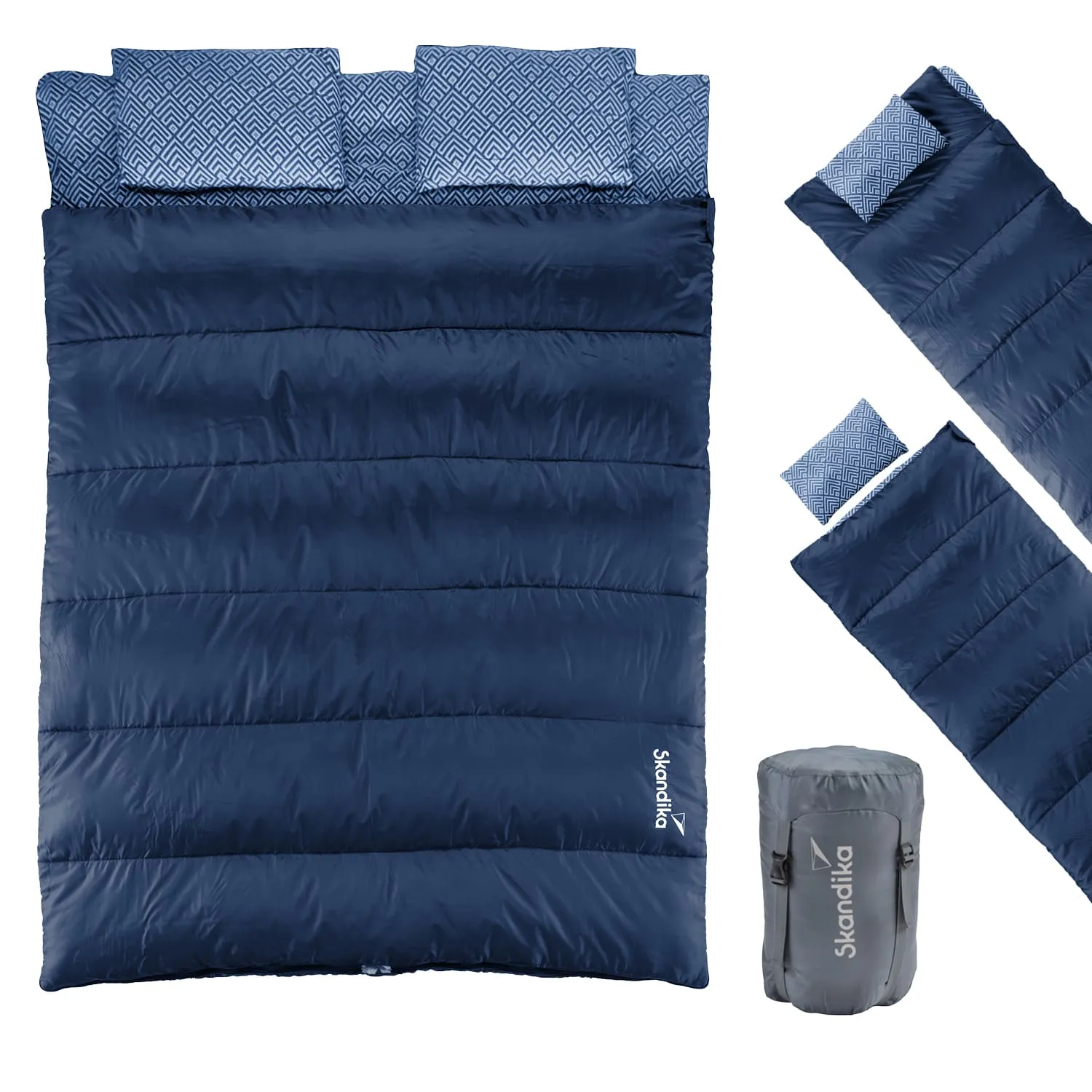 Zwei Schlafsäcke in dunklem Blau mit gepolsterten Kissen in Musterdesign sowie ein grauer Packsack.