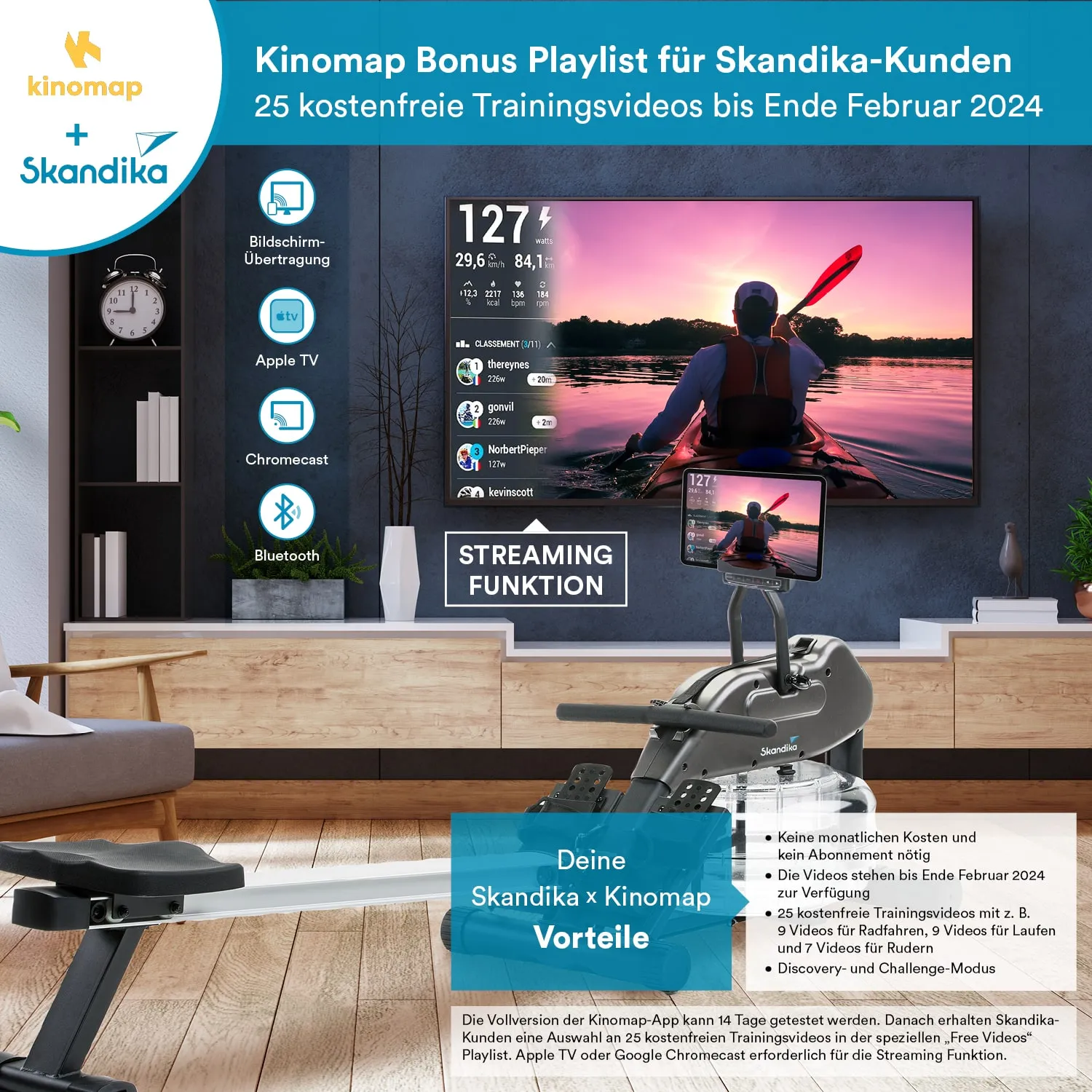 Bild mit einem Fernseher, der ein Kajak-Sporttraining zeigt, und einem Fitnessgerät im Vordergrund. Textinformationen zu Kinomap und Skandika.