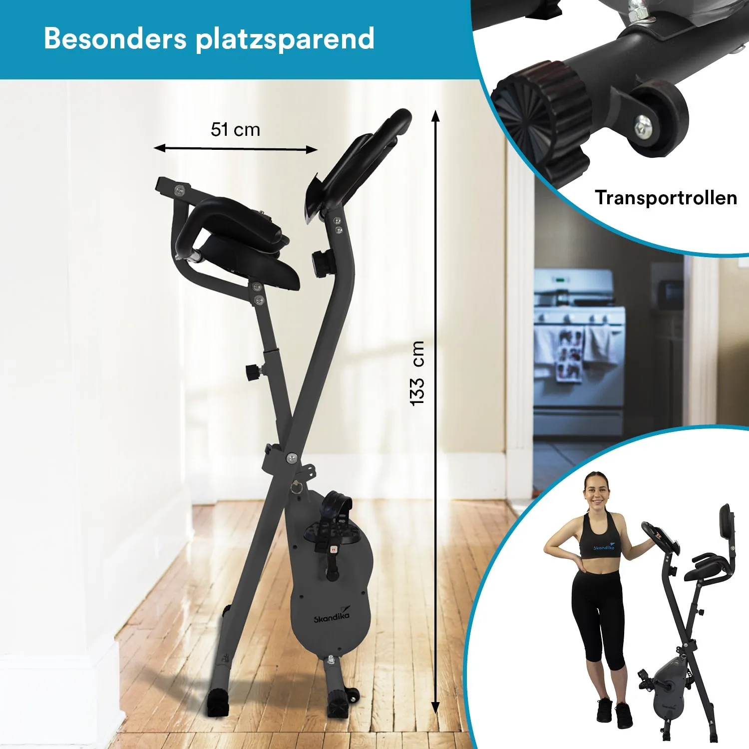 Faltbares Fitnessgerät mit einem Design in Schwarz und einem maximalen Maß von 133 cm Höhe und 51 cm Breite.