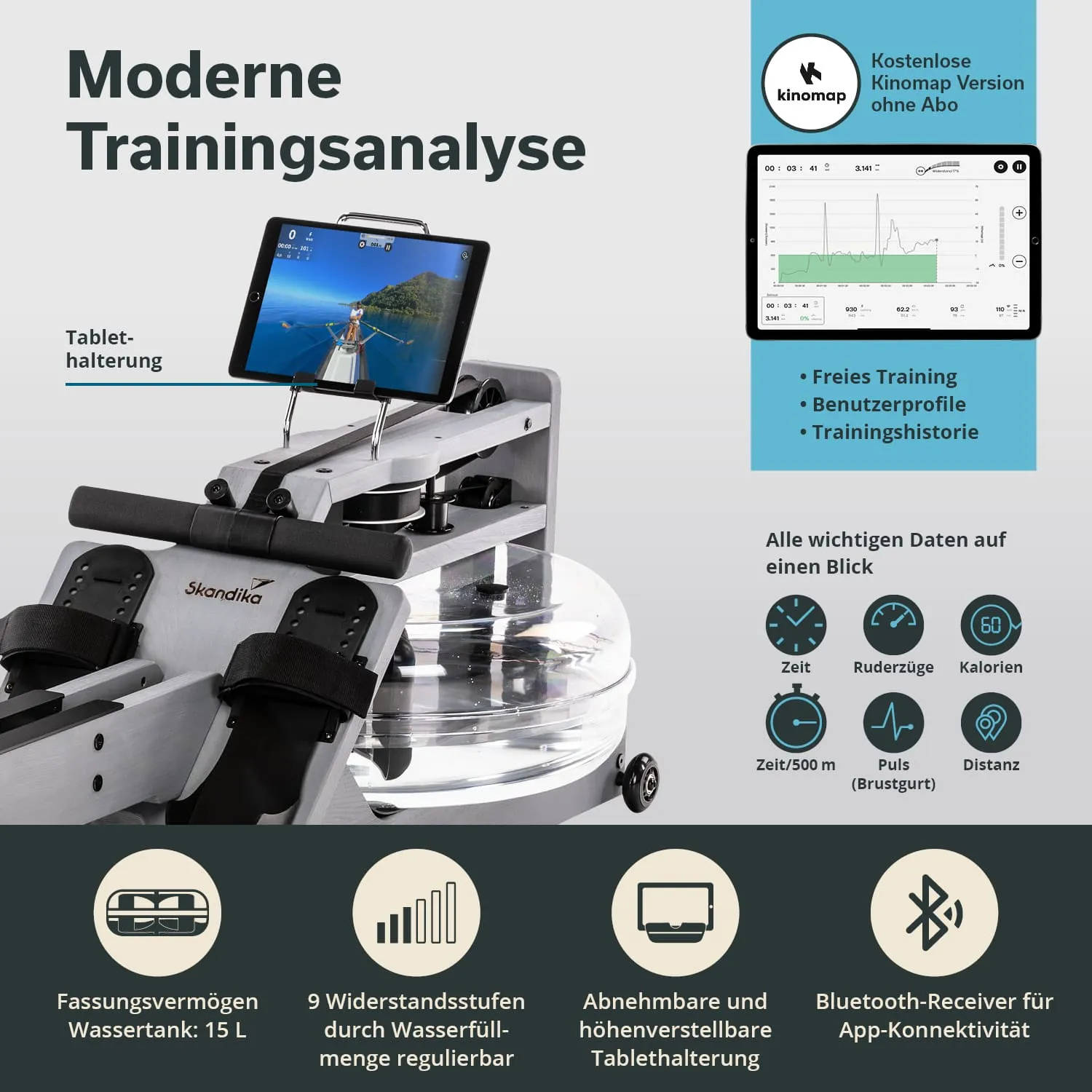 Trainingsgerät mit Wasserbefüllung und Tablet-Halterung. Anzeige von Trainingsdaten wie Zeit, Kalorien und Puls.