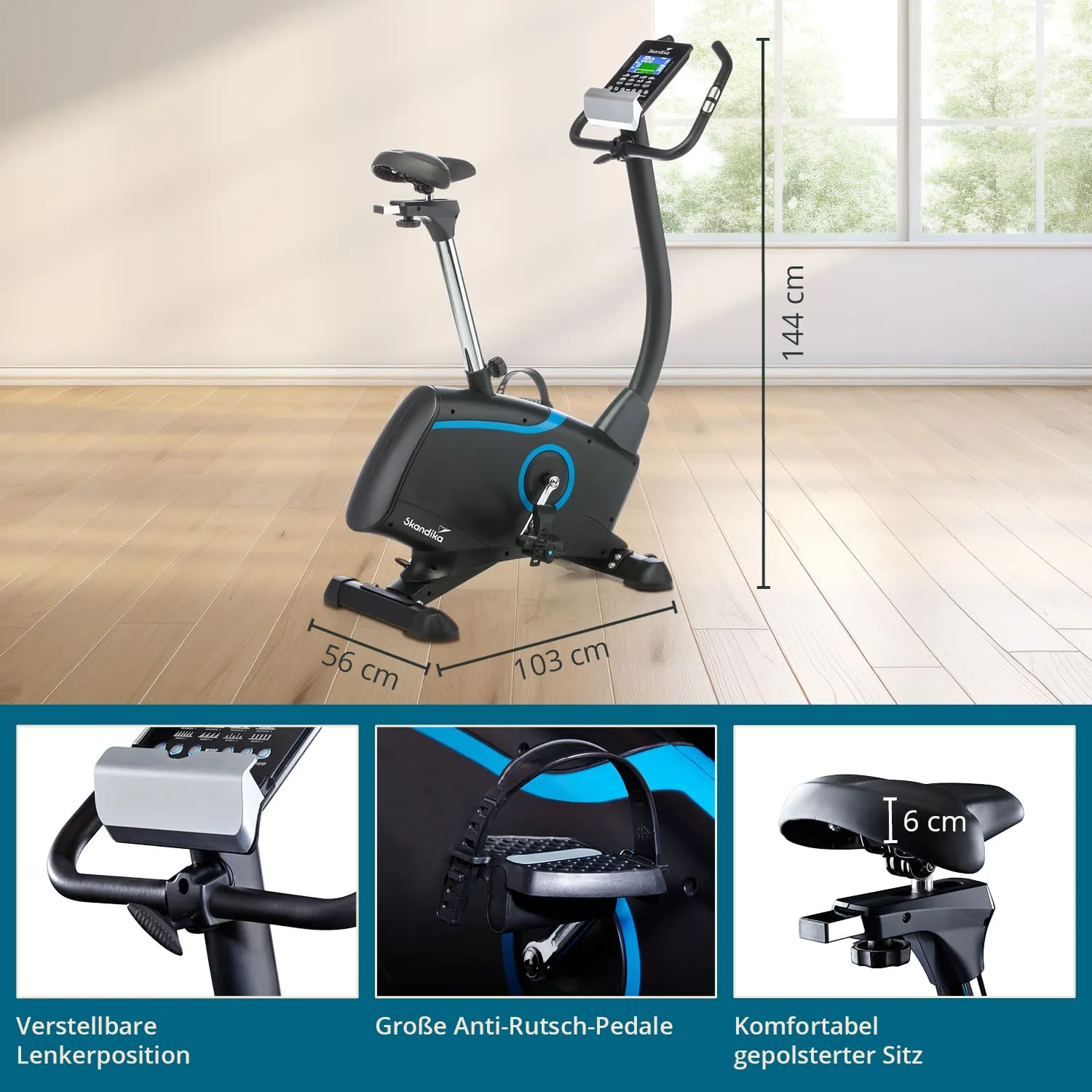 Fahrradtrainer mit verstellbarem Lenker, gepolstertem Sitz und großen Anti-Rutsch-Pedalen in einem hellen Raum.