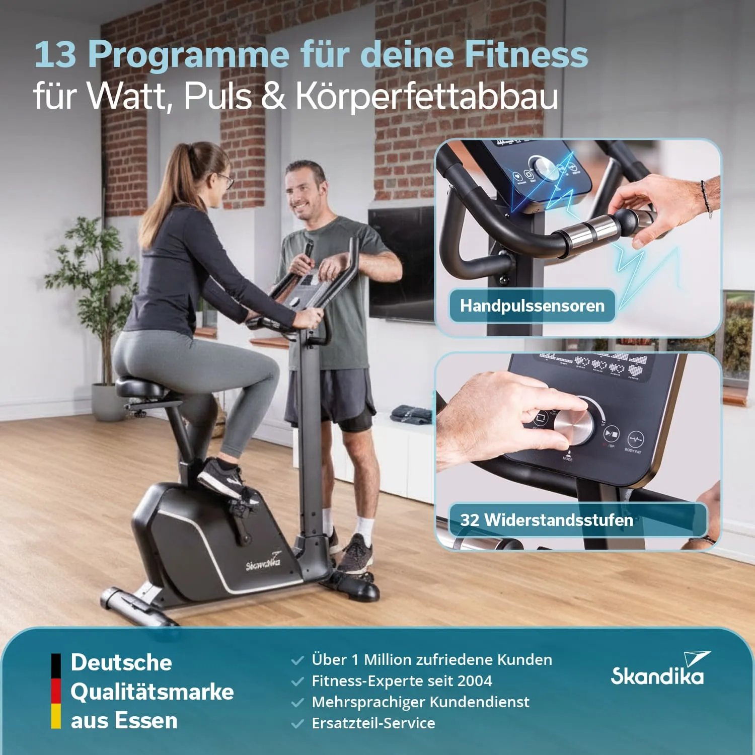 Fitnessgerät in einem Raum mit Holzfußboden. Eine Person sitzt darauf, eine weitere steht daneben. Display mit Funktionen sichtbar.