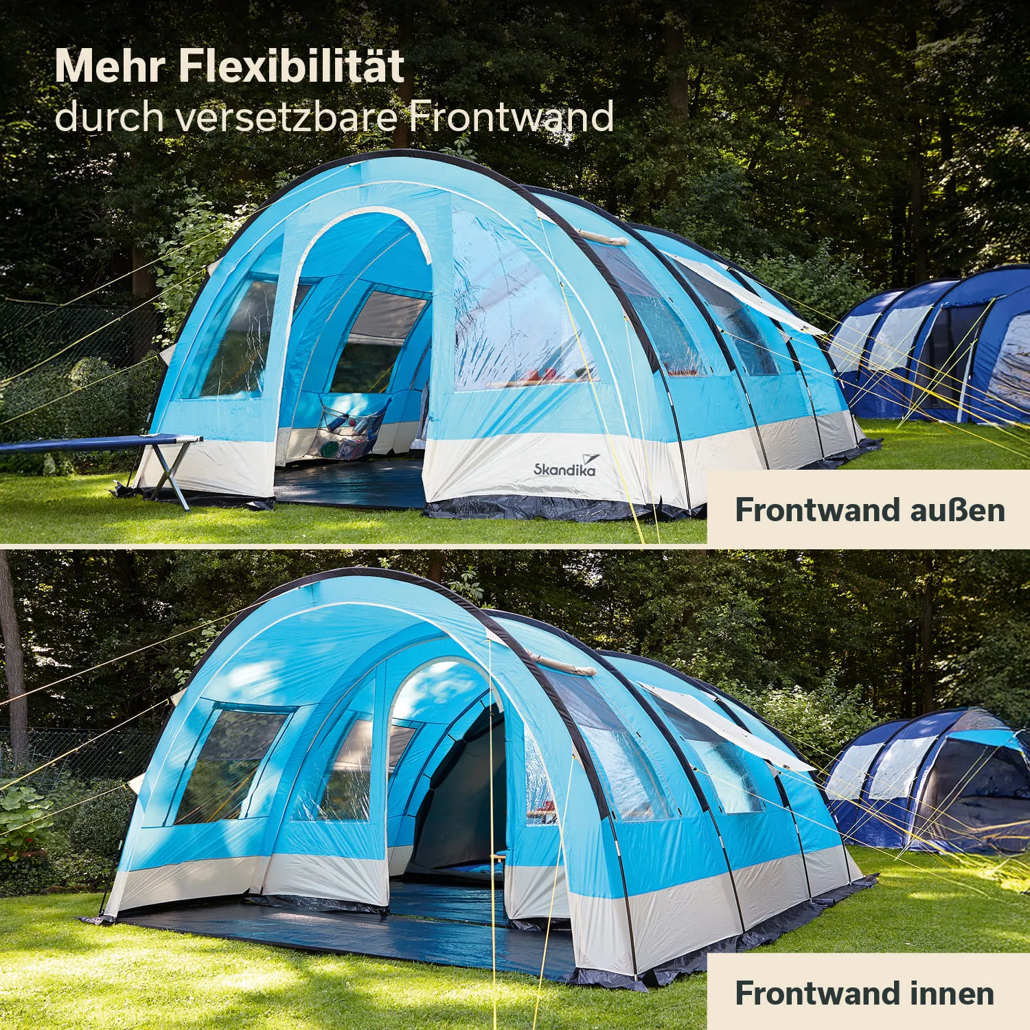 Ein großes Zelt in blau und beige mit transparenten Fenstern, Ansicht von außen und innen, umgeben von Bäumen.
