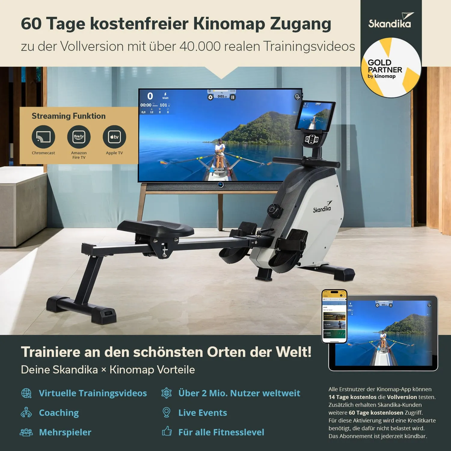 Rudergerät in modernem Wohnraum, großer Fernseher mit Trainingsvideo, Informationen über Kinomap-Zugang und Funktionen.