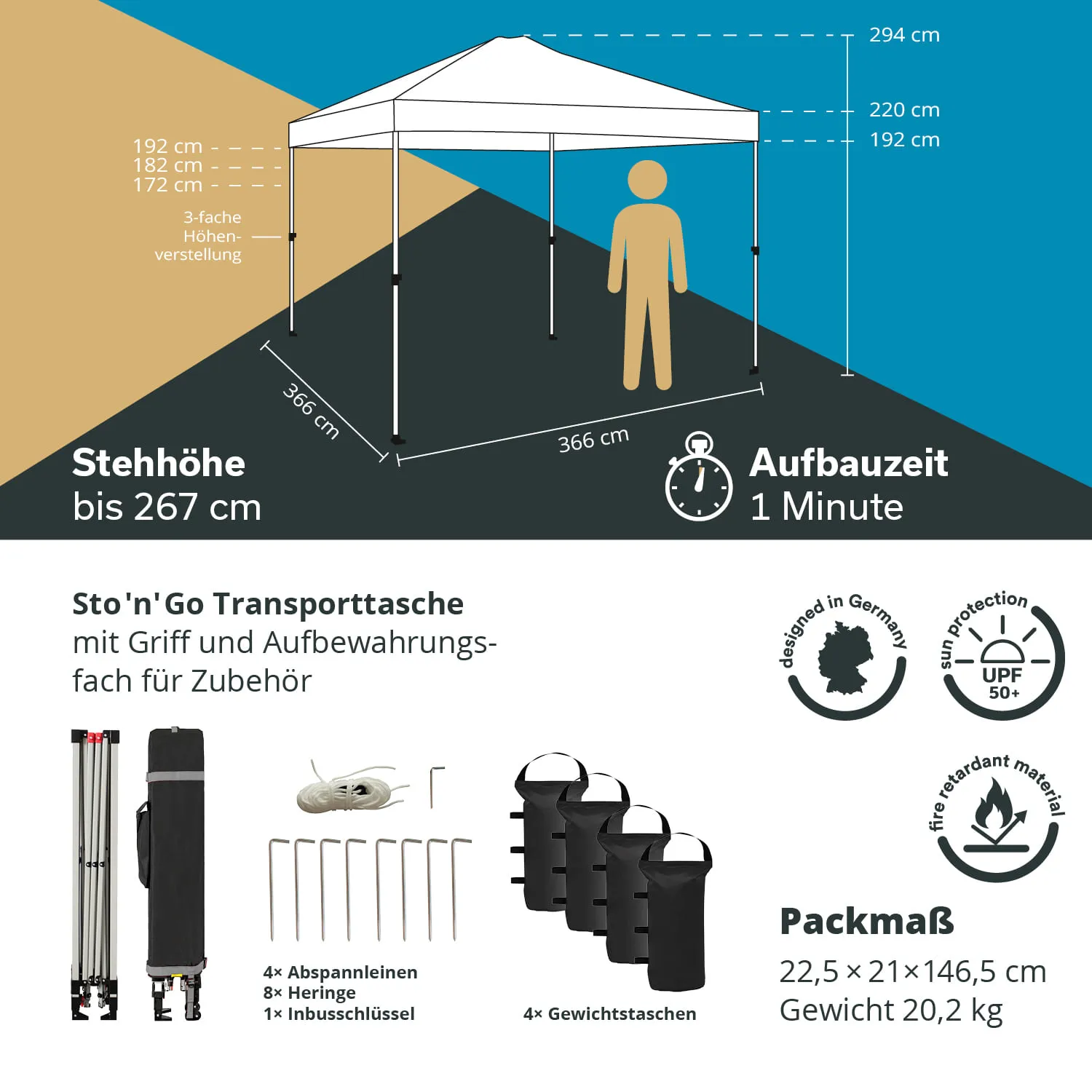 Zelt mit Maßangaben: Höhe bis 267 cm, Breite 366 cm, Aufbaudauer 1 Minute. Zubehör und Transporttasche abgebildet.