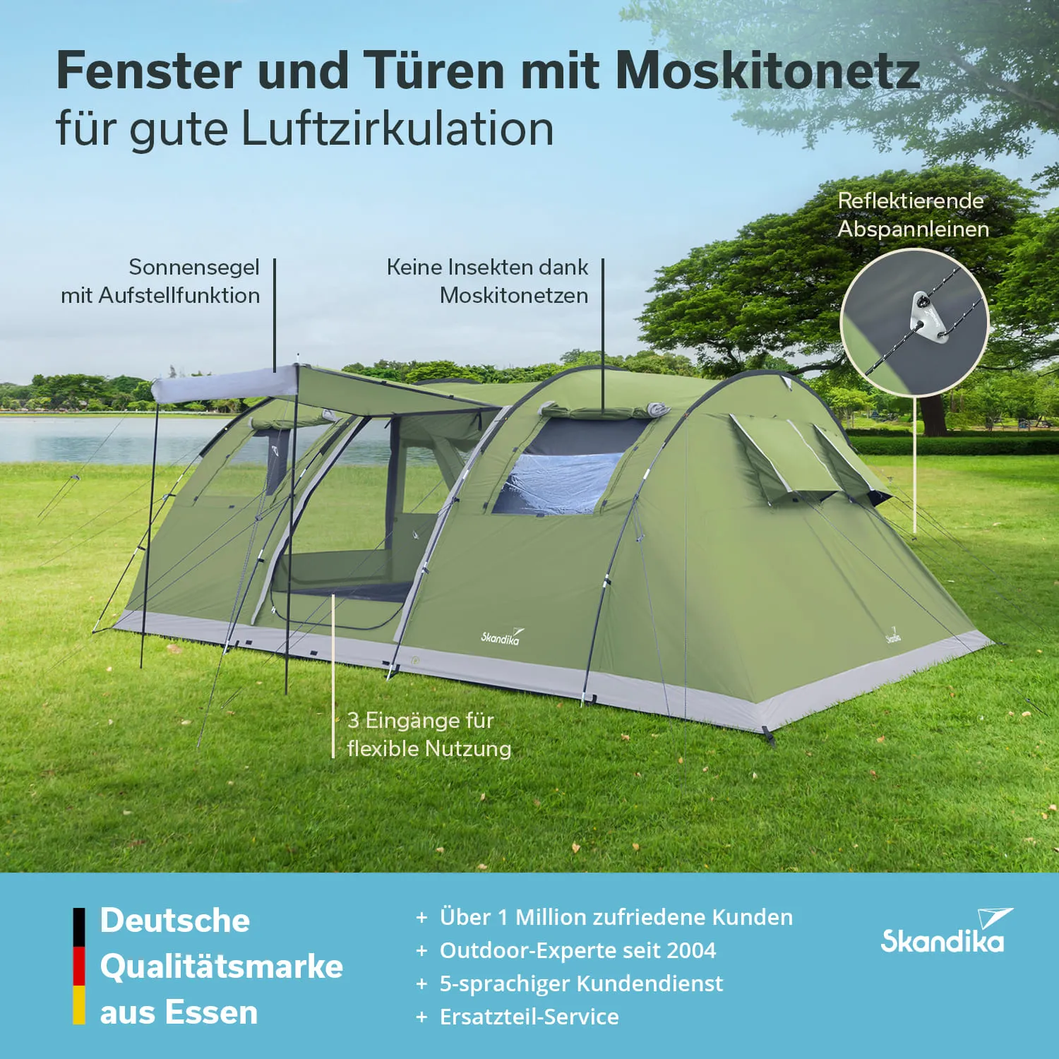 Grünes Zelt mit Fenstern und Türen, die Moskitonetze aufweisen. Umgeben von Rasen und Bäumen, Schriftzüge und Hinweise zur Nutzung.