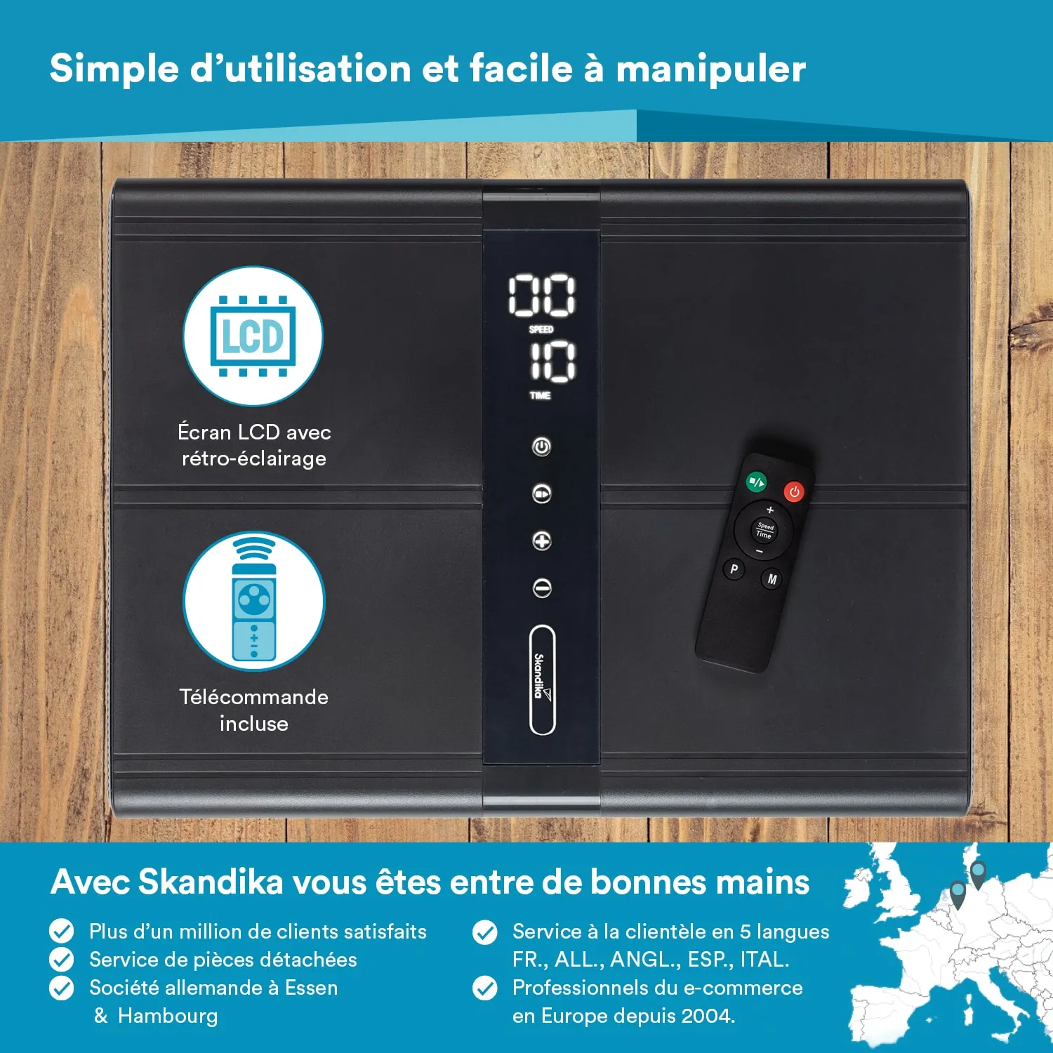 Schwarze Plattform mit LCD-Display und Fernbedienung auf einem Holzuntergrund. Display zeigt Geschwindigkeit und Zeit an.