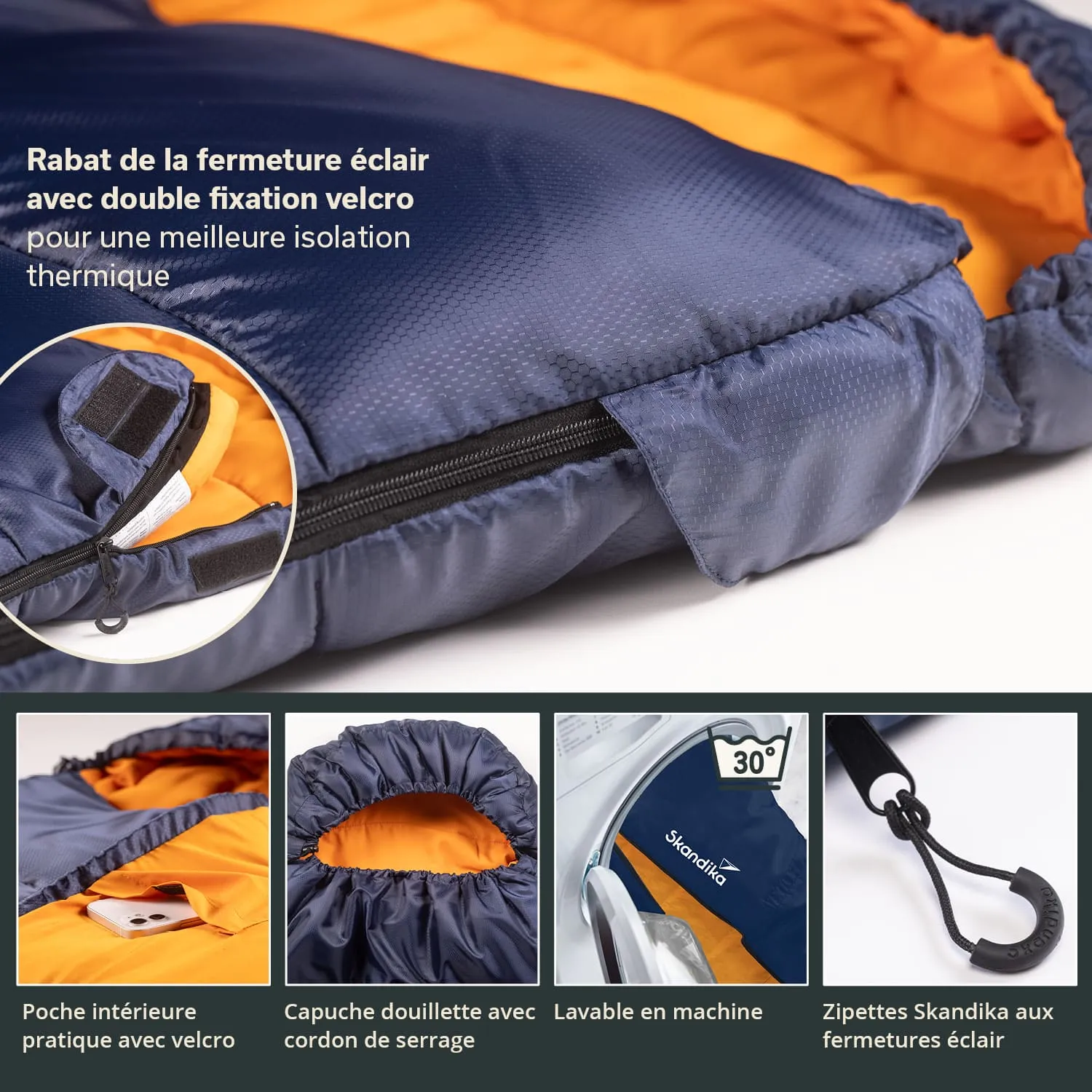Daunenjacke in Blau mit orangefarbenem Innenfutter, geschlossenen Reißverschluss und Velcro-Befestigung. Sichtbare Details und Pflegehinweise.