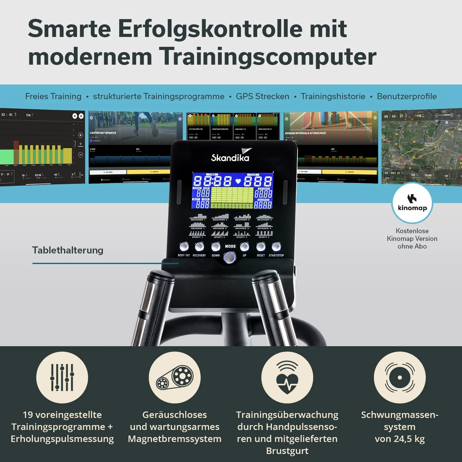 Trainingscomputer von Skandika mit Display und Bedienelementen. Grafik zeigt Funktionen und Anwendungsbeispiele.