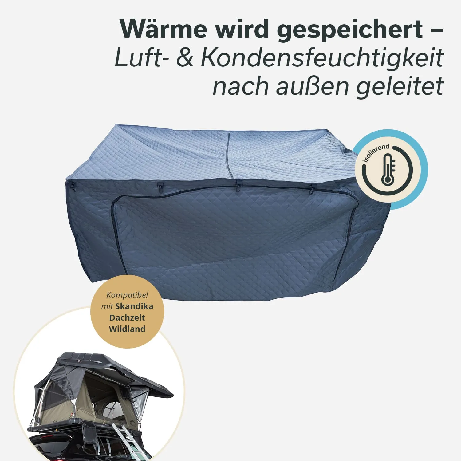 Dachzeltabdeckung in grau, mit Text über Wärme- und Feuchtigkeitsmanagement. Unten Bild eines auf Fahrzeug montierten Dachzeltes.