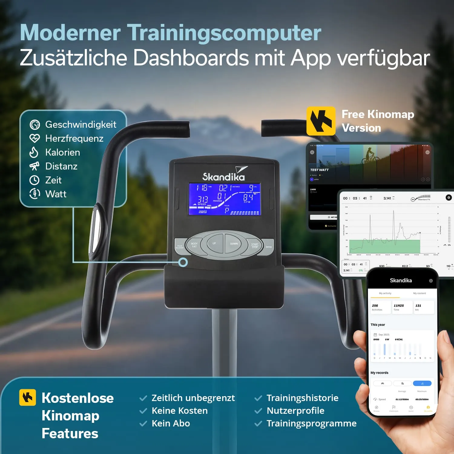 Fahrradergometer in einem modernen Raum. Person steht davor, hält die Griffe. Im Hintergrund Möbel und Lampen.