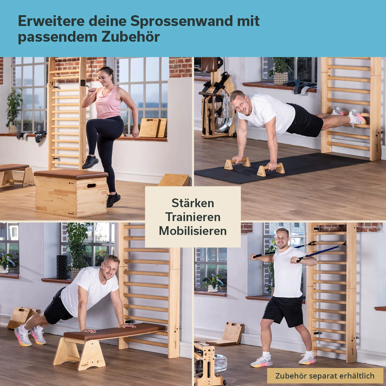 Verschiedene Fitnessübungen mit einer Sprossenwand und Zubehör in einem hellen Raum. Oben links: Person macht Step-Ups. Oben rechts: Person trainiert mit Parallettes. Unten links: Person in Plank-Position auf einer Bank.