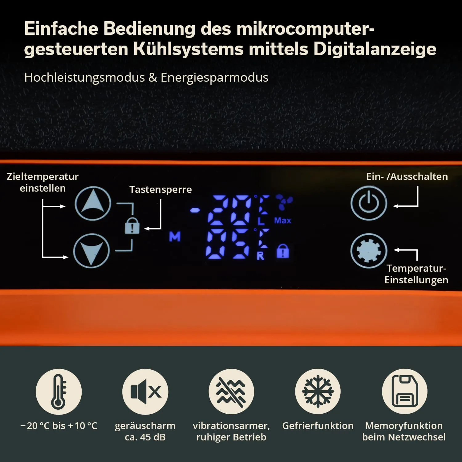 Digitalanzeige eines Kühlsystems mit Bedienknöpfen. Temperaturbereich von -20 °C bis +10 °C. Grafische Symbole dargestellt.