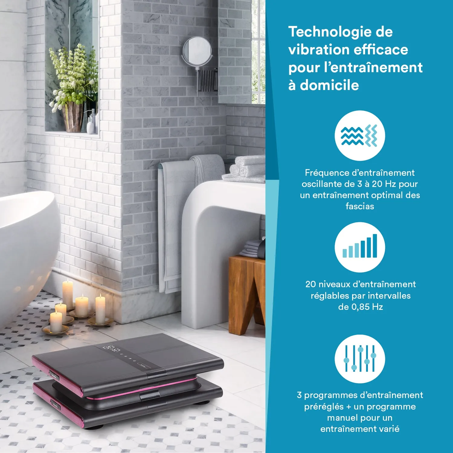 Vibrationsgerät auf einem gefliesten Boden im Badezimmer. Im Hintergrund sind ein freistehendes Bad, Handtücher und Kerzen zu sehen.