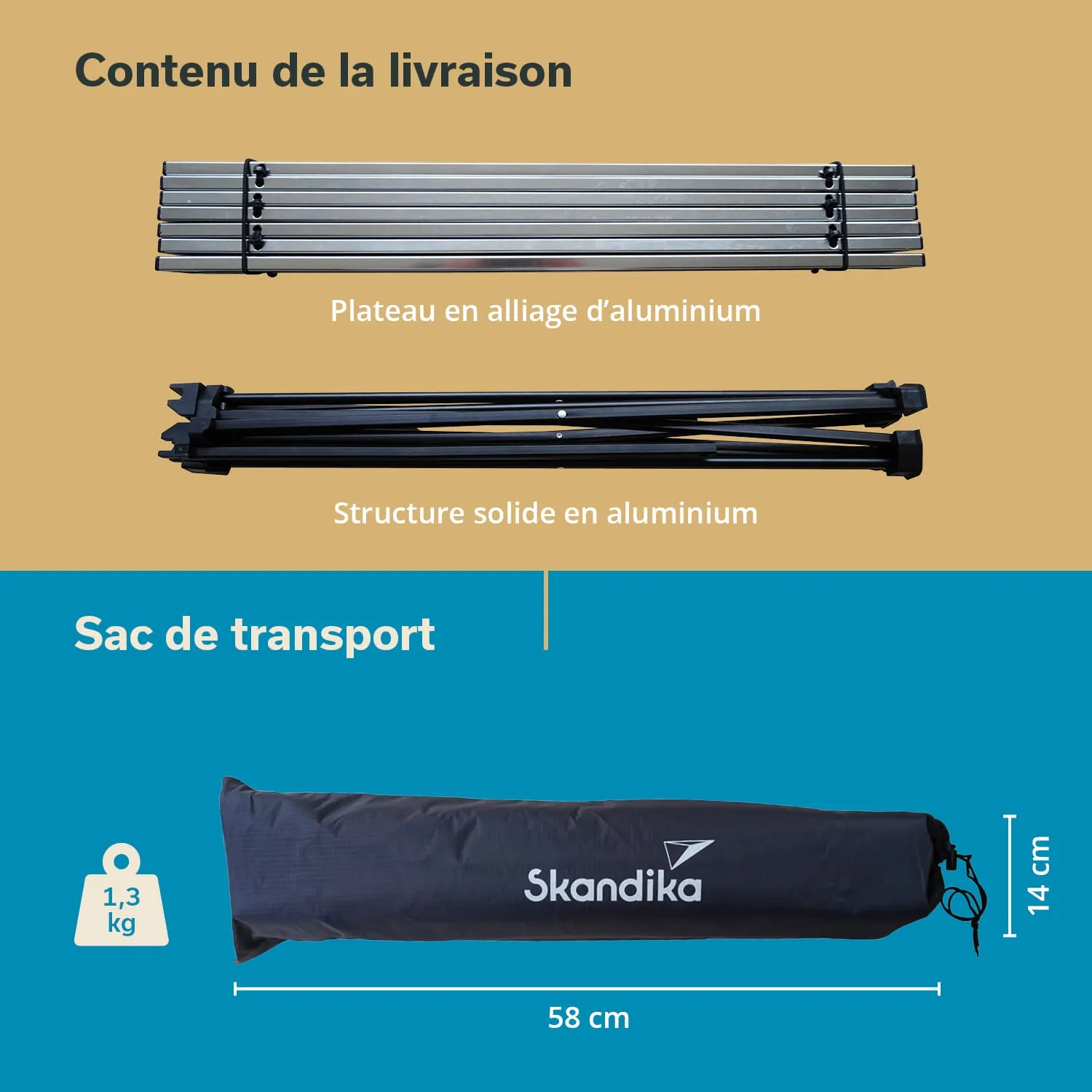 Aluminiumplatte und stabile Aluminiumstruktur, zusammen mit einem schwarzen Transportbeutel mit Logo und Maßen.