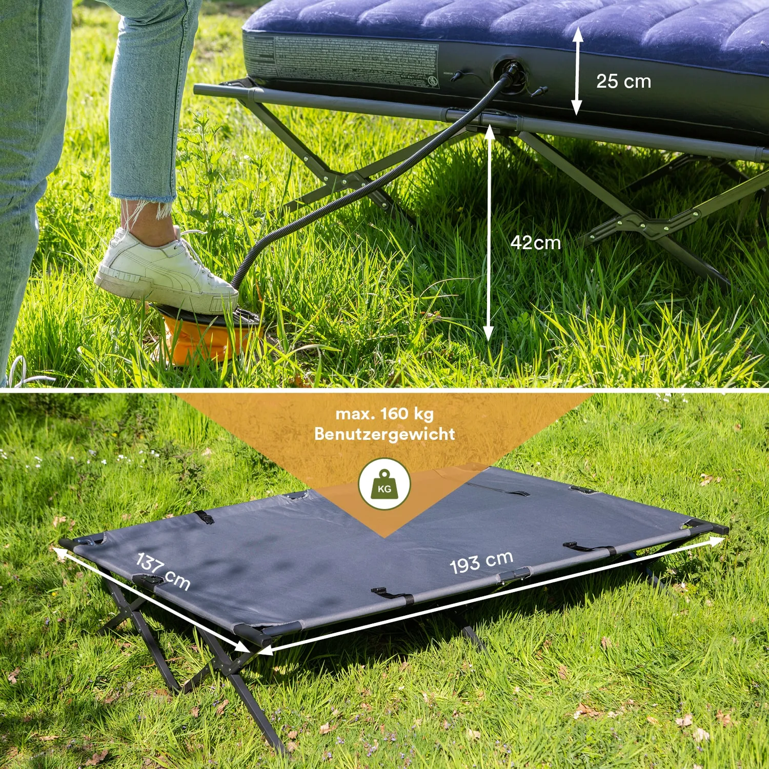 Eine Person steht auf einer Wiese und nutzt eine Fußpumpe, um ein aufblasbares Bett aufzupumpen. Daneben sind Maße und das maximale Benutzergewicht von 160 kg angegeben. Die Grassfläche ist grün und es sind einige Pflanzen sichtbar.