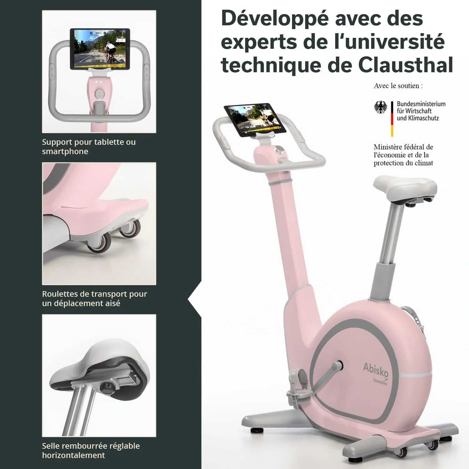 Ein rosa Heimtrainer mit einem Tablet-Halter, Transportrollen, und einer horizontal verstellbaren gepolsterten Sitzfläche.