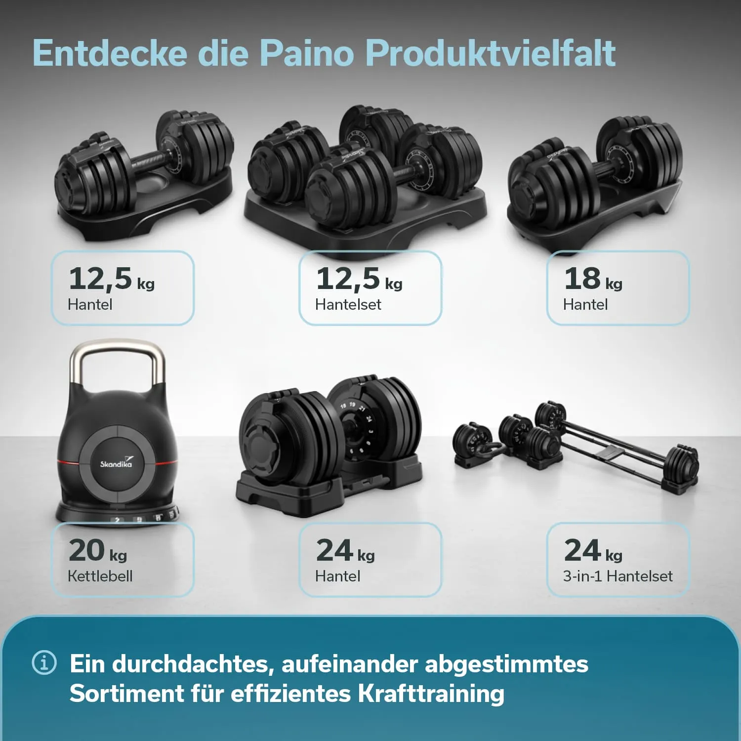 Mehrere Sets von Hanteln, eine Kettlebell und ein Hantelset in unterschiedlichen Gewichtsklassen, alle in schwarz.