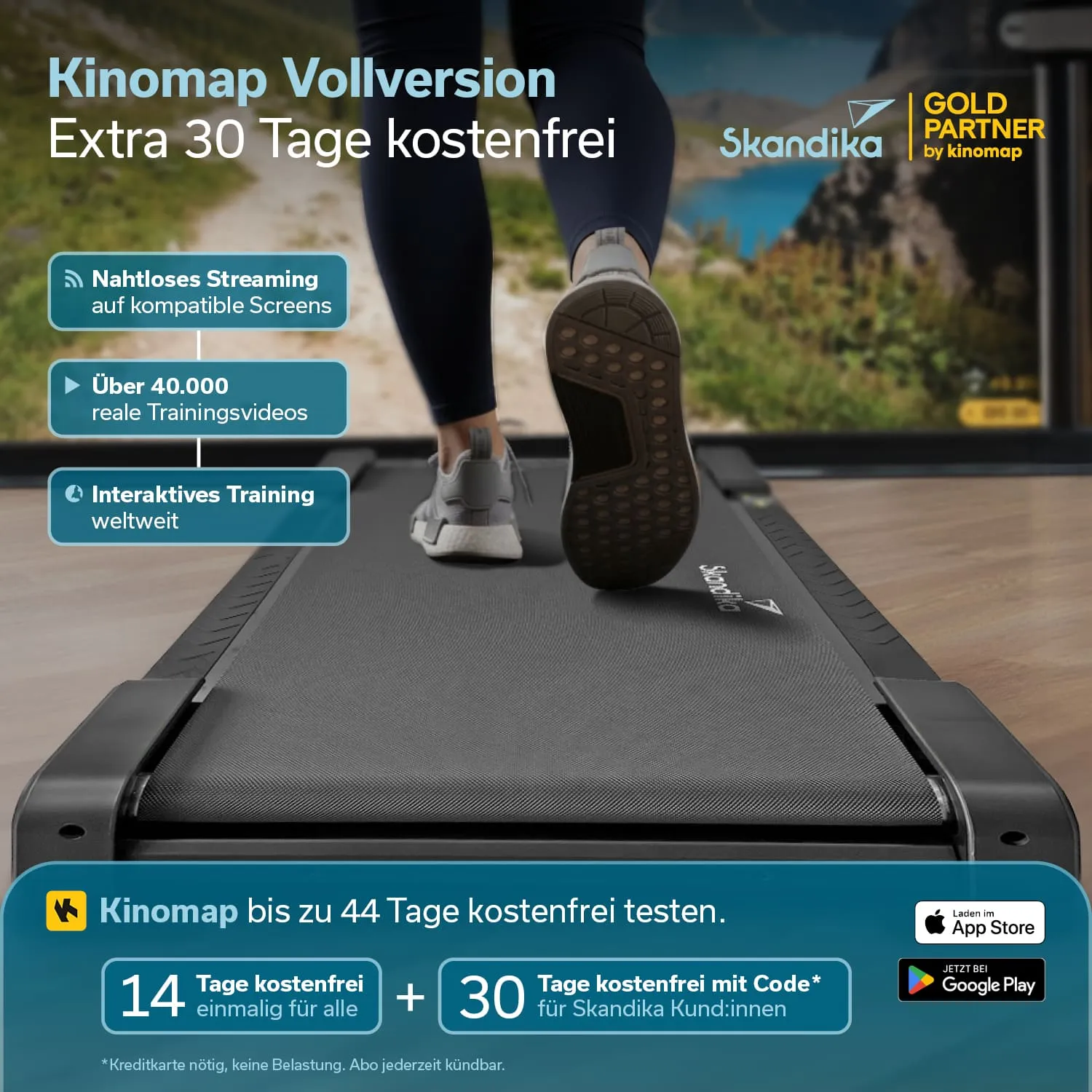 Laufband mit Fuß auf der Lauffläche, Werbung für Kinomap mit Informationen zu kostenfreien Testzeiträumen und interaktivem Training.