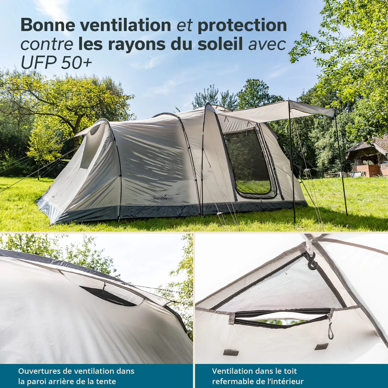 Zelt in einem grünen Feld, mit Sonnenschutz und Belüftung. Zwei Detailansichten zeigen Ventilationsöffnungen.