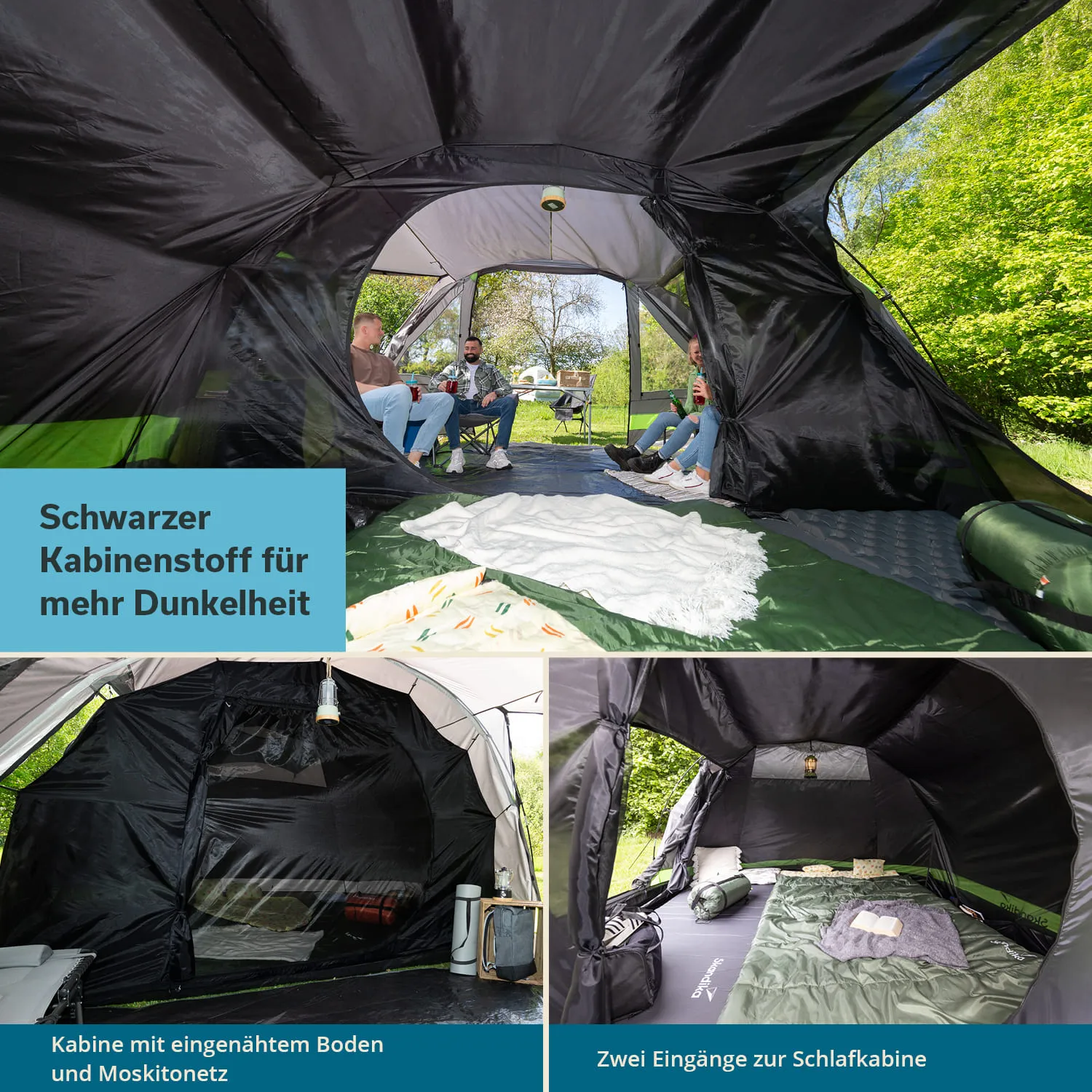 Großes Zelt mit schwarzem Innenstoff, im Inneren sitzen Personen auf Stühlen, Boden mit Decken bedeckt, grüne Umgebung.