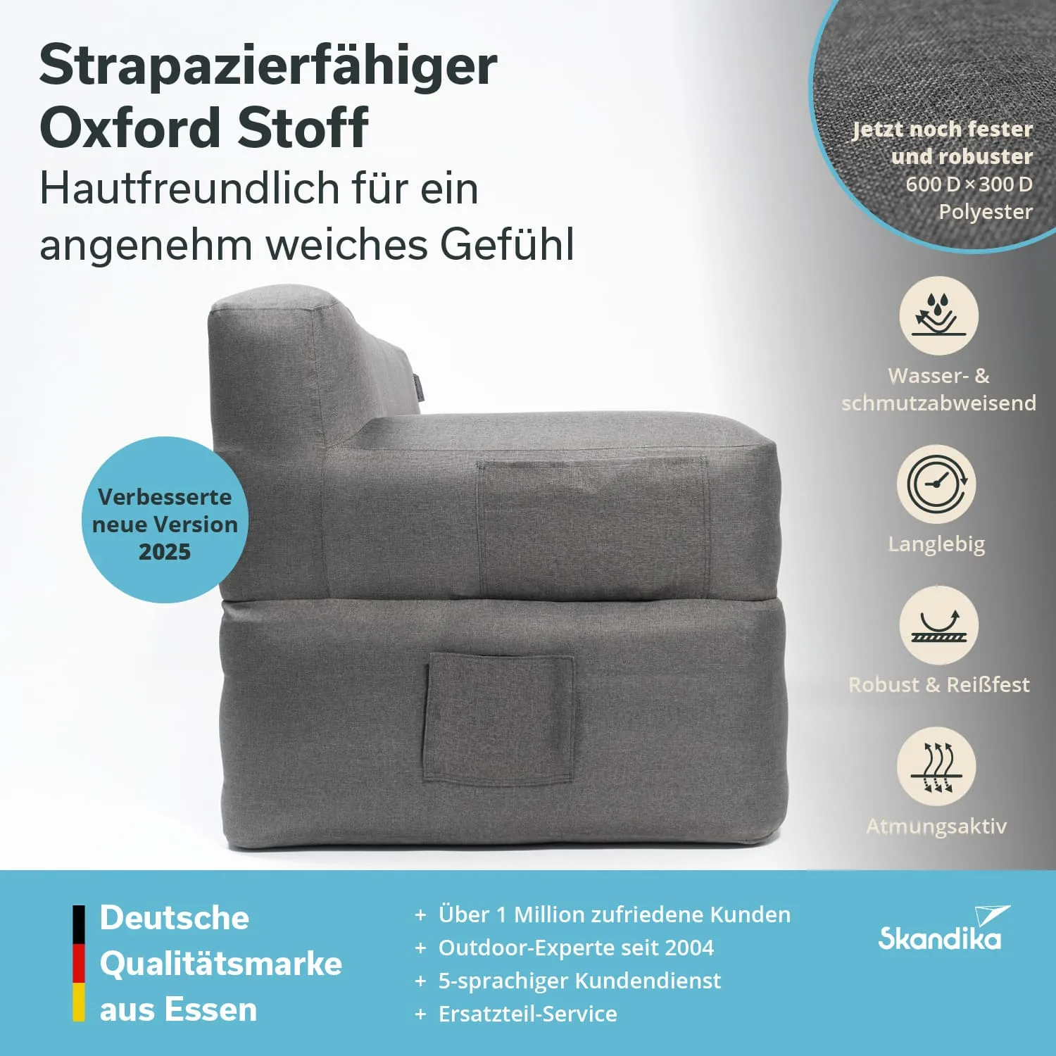 Grau gepolsterte Möbel mit einem Kissen. Textinformationen zu strapazierfähigem Oxford-Stoff, wasserabweisend.