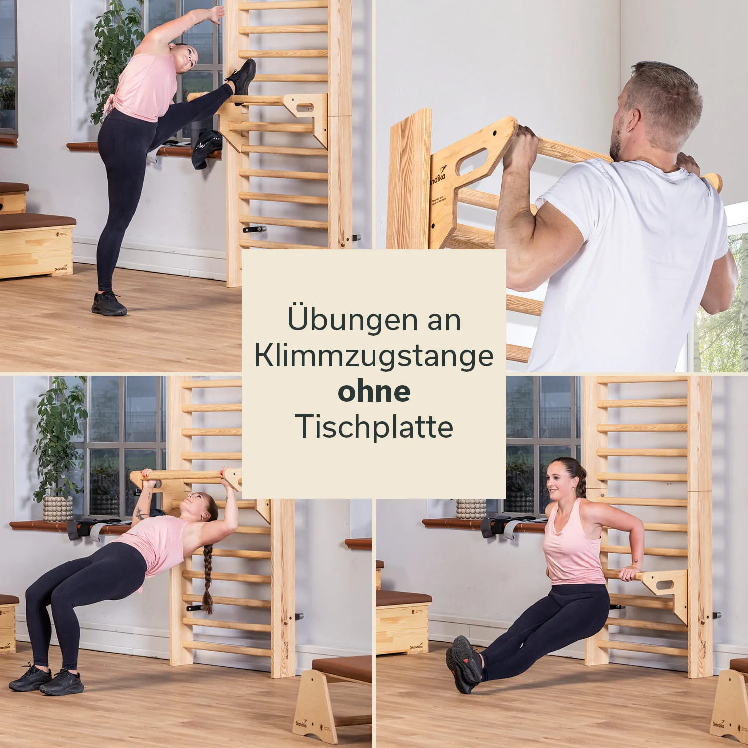 Vier Bilder zeigen verschiedene Übungen an einer Klimmzugstange. Zu sehen sind eine Person, die sich dehnt, eine andere, die Klimmzüge macht, und zwei weitere Übungen, darunter eine Ruderbewegung und Dips. Der Raum hat Holzfußboden und große Fenster.