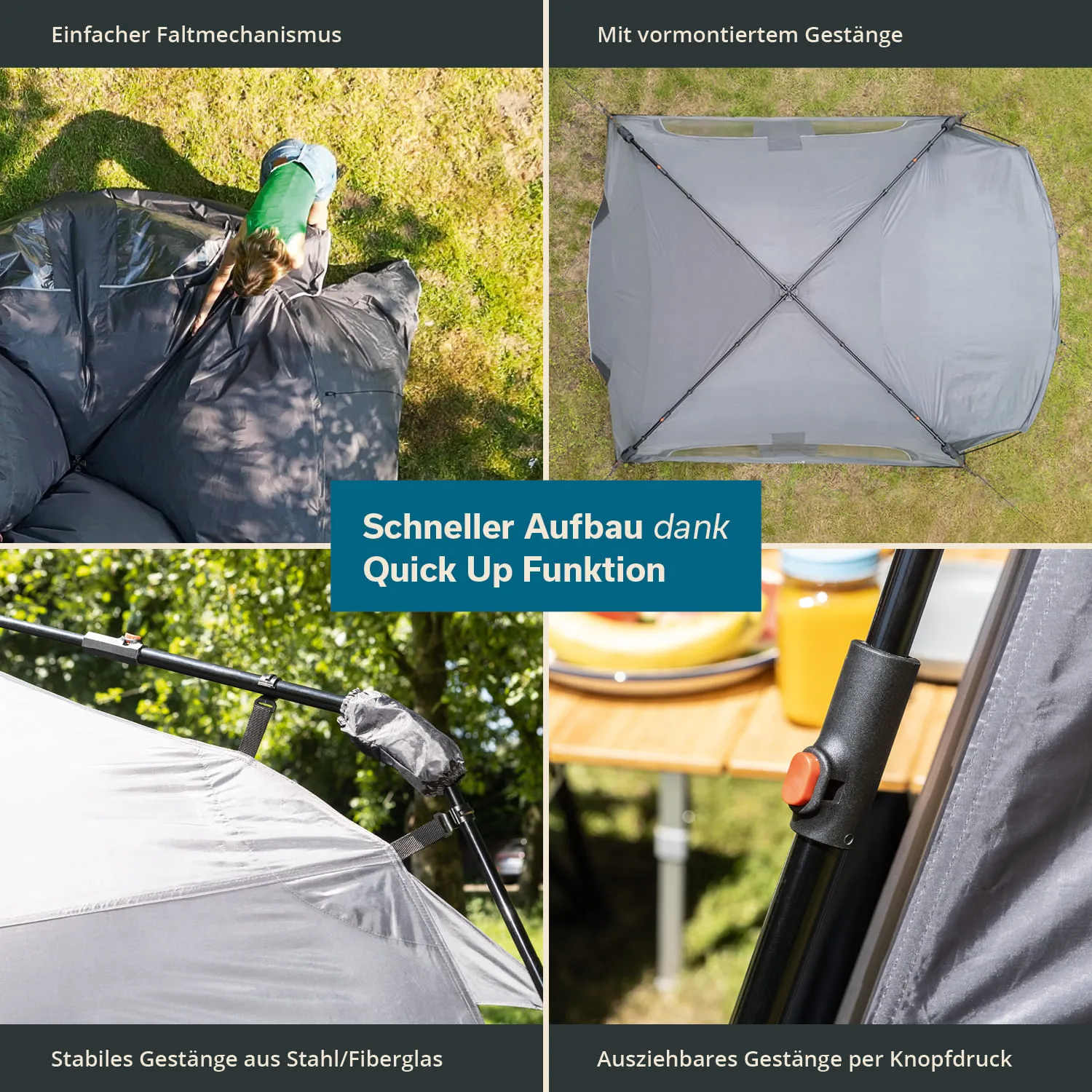 Zelt mit grauem Stoff und faltbarem Gestänge auf einer Wiese. Nahaufnahmen von Aufbaumechanismen.