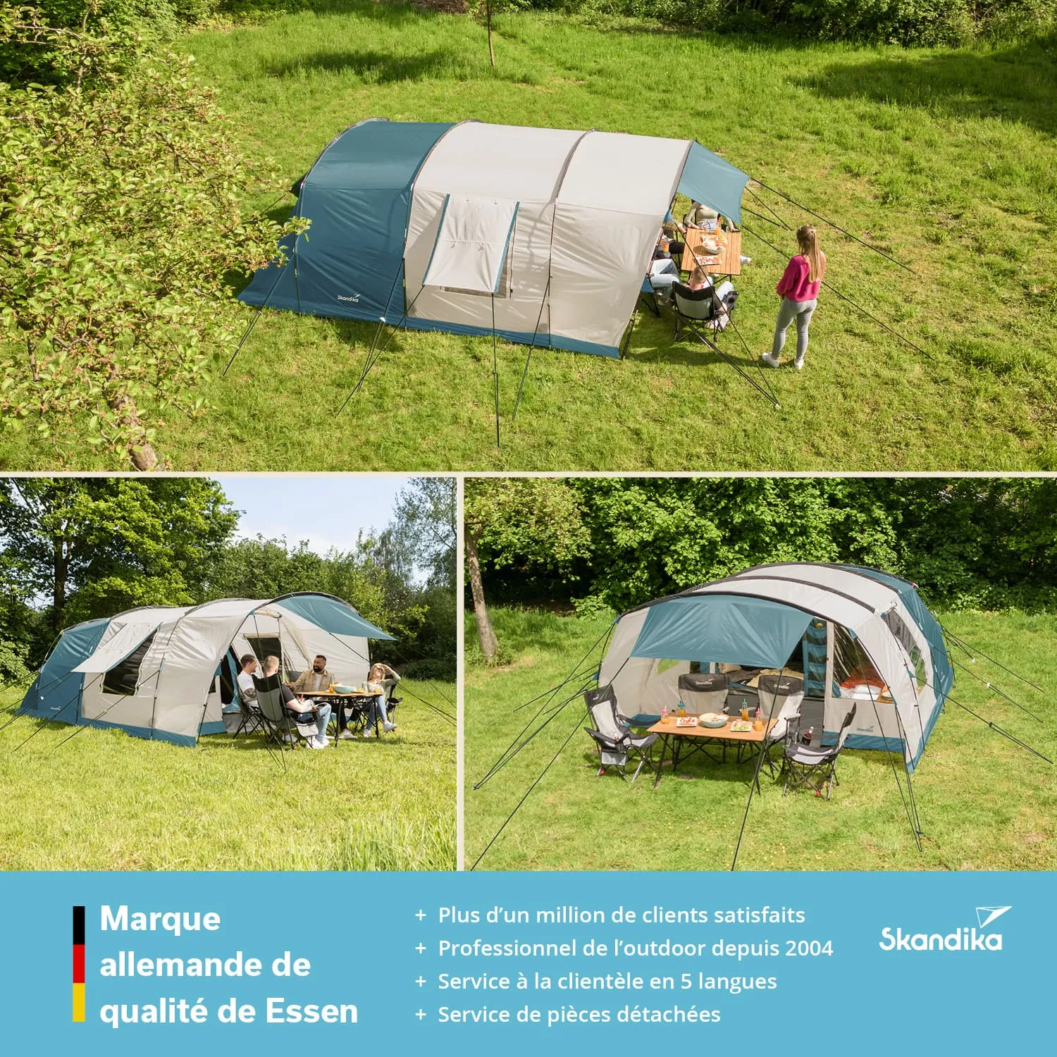 Drei Zeltansichten in einer grünen Wiese, umgeben von Bäumen. Tische und Stühle sowie Personen sichtbar.