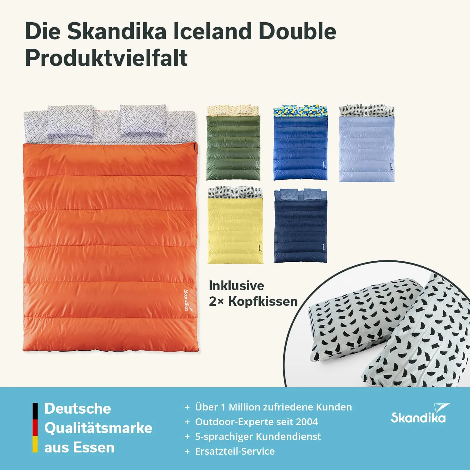 Bunte Schlafsäcke in verschiedenen Farben und Designs, inklusive zwei Kopfkissen. Hintergrund in neutralem Farbton.