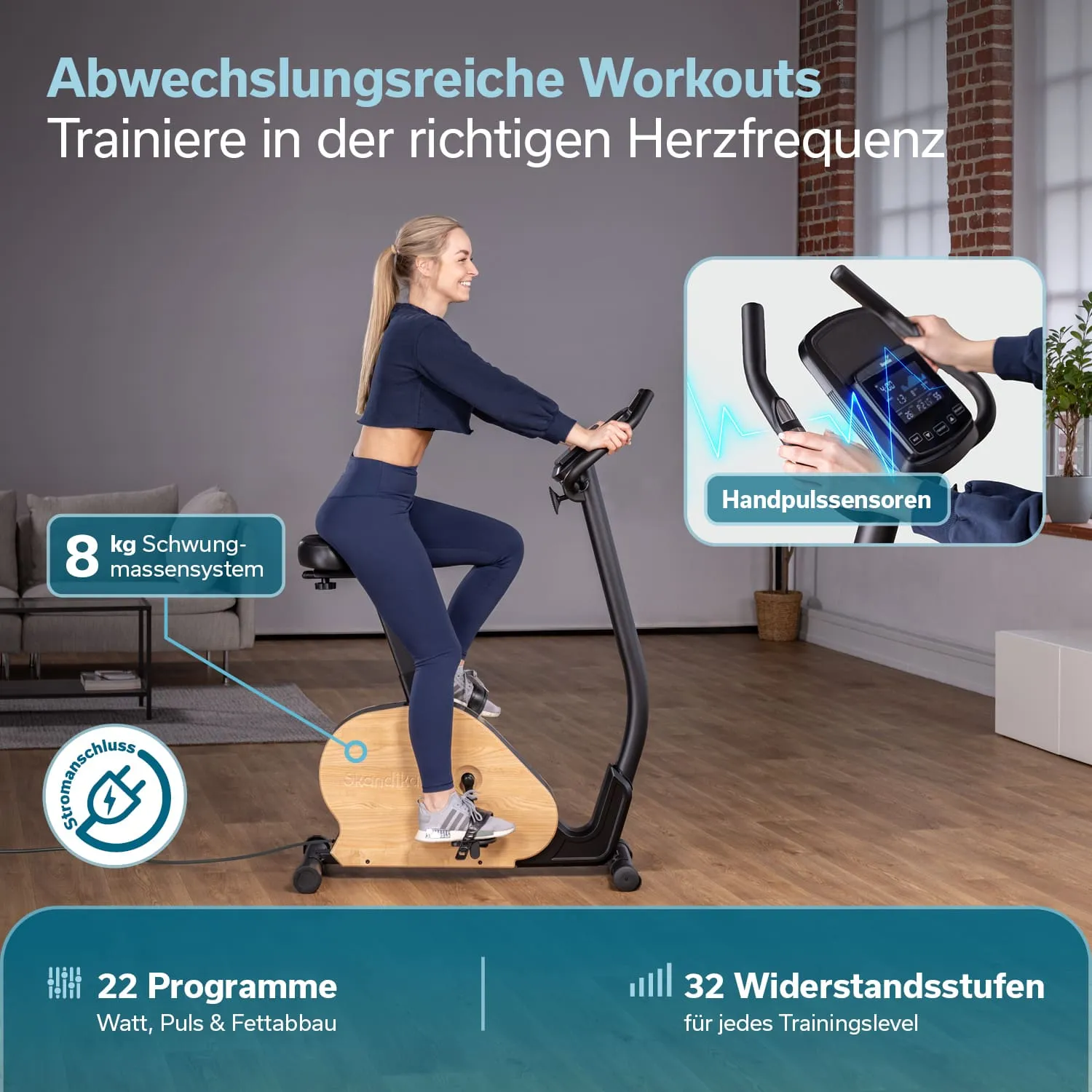 Es ist ein Fahrradergometer mit Holzoptik, benutzt von einer sitzenden Person in Sportkleidung. Informationen über Funktionen sind im Bild.