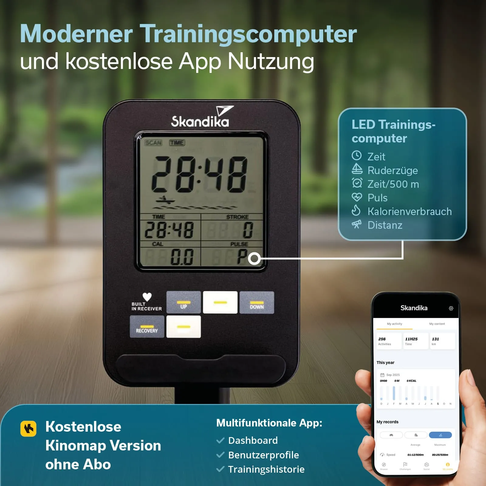 Digitale Anzeige eines Trainingscomputers mit Informationen zu Zeit, Ruderzügen, Puls und Kalorienverbrauch. Smartphone mit App-Dashboard.