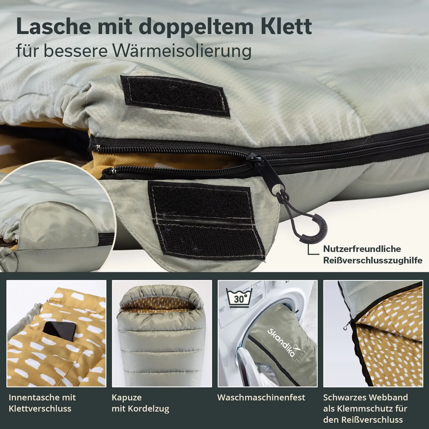 Schlafsack mit doppelter Klettlasche, Reißverschluss und Innentasche. Muster mit Punkten auf Innenfutter. Waschmaschinengeeignet.
