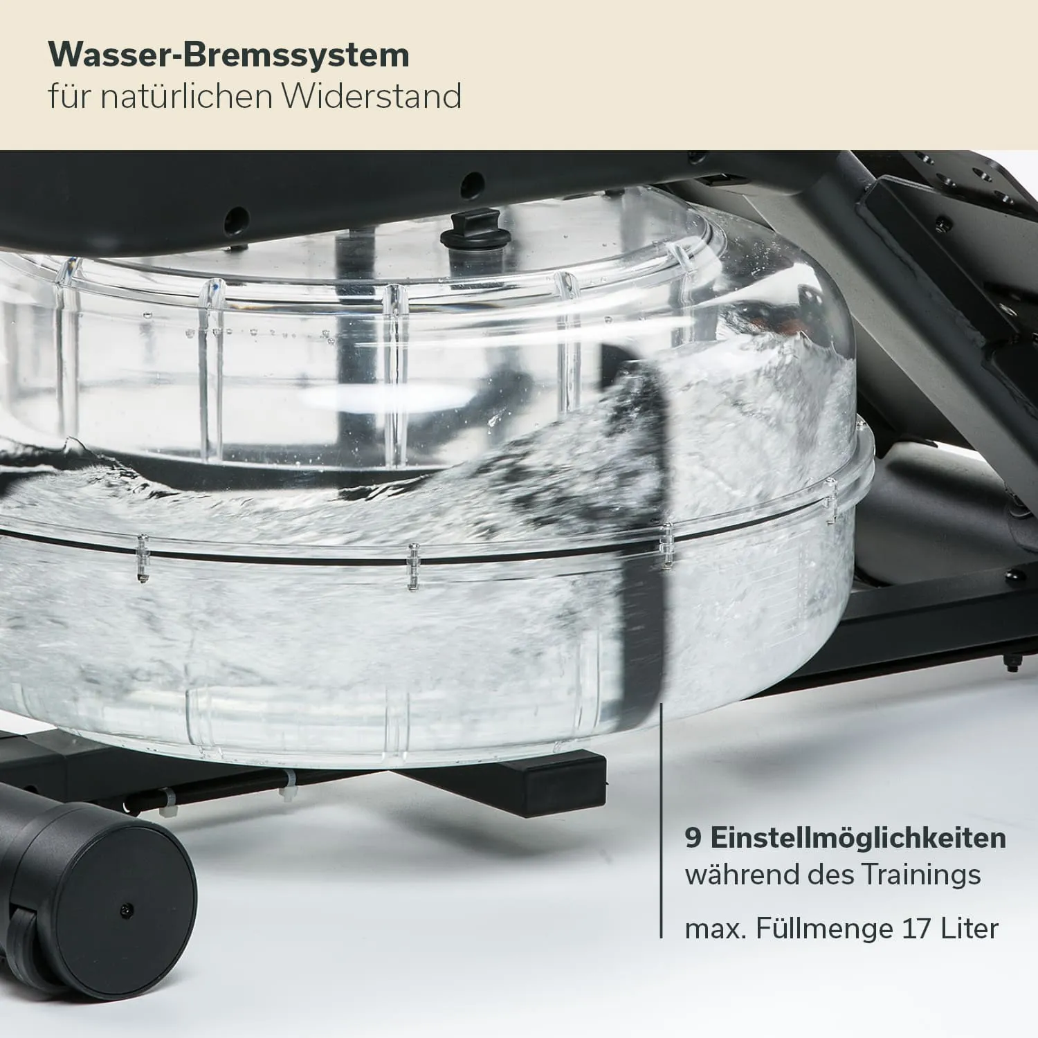 Wasser-Bremssystem mit transparentem Wassertank und technischen Details. Max. Füllmenge 17 Liter, 9 Einstellmöglichkeiten.