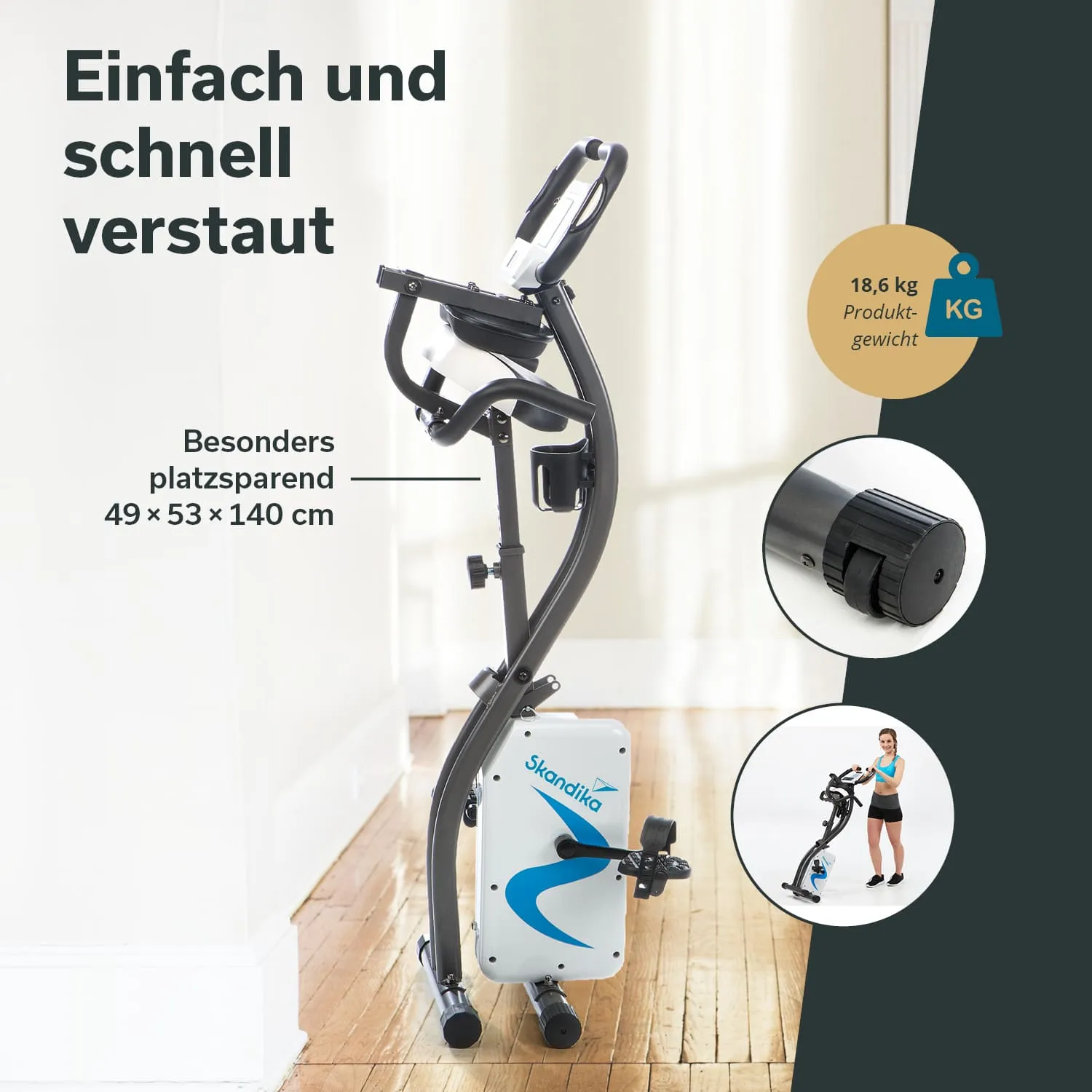Faltbares Fitnessgerät in schwarz und weiß, mit Maßangaben (49 x 53 x 140 cm) und einem Gewicht von 18,6 kg.
