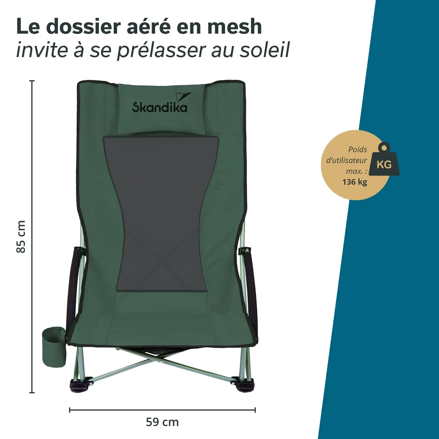 Klappstuhl in Dunkelgrün mit Menü, maximal 136 kg Nutzergewicht, Maße: 85 cm hoch, 59 cm breit, seitlicher Getränkehalter.