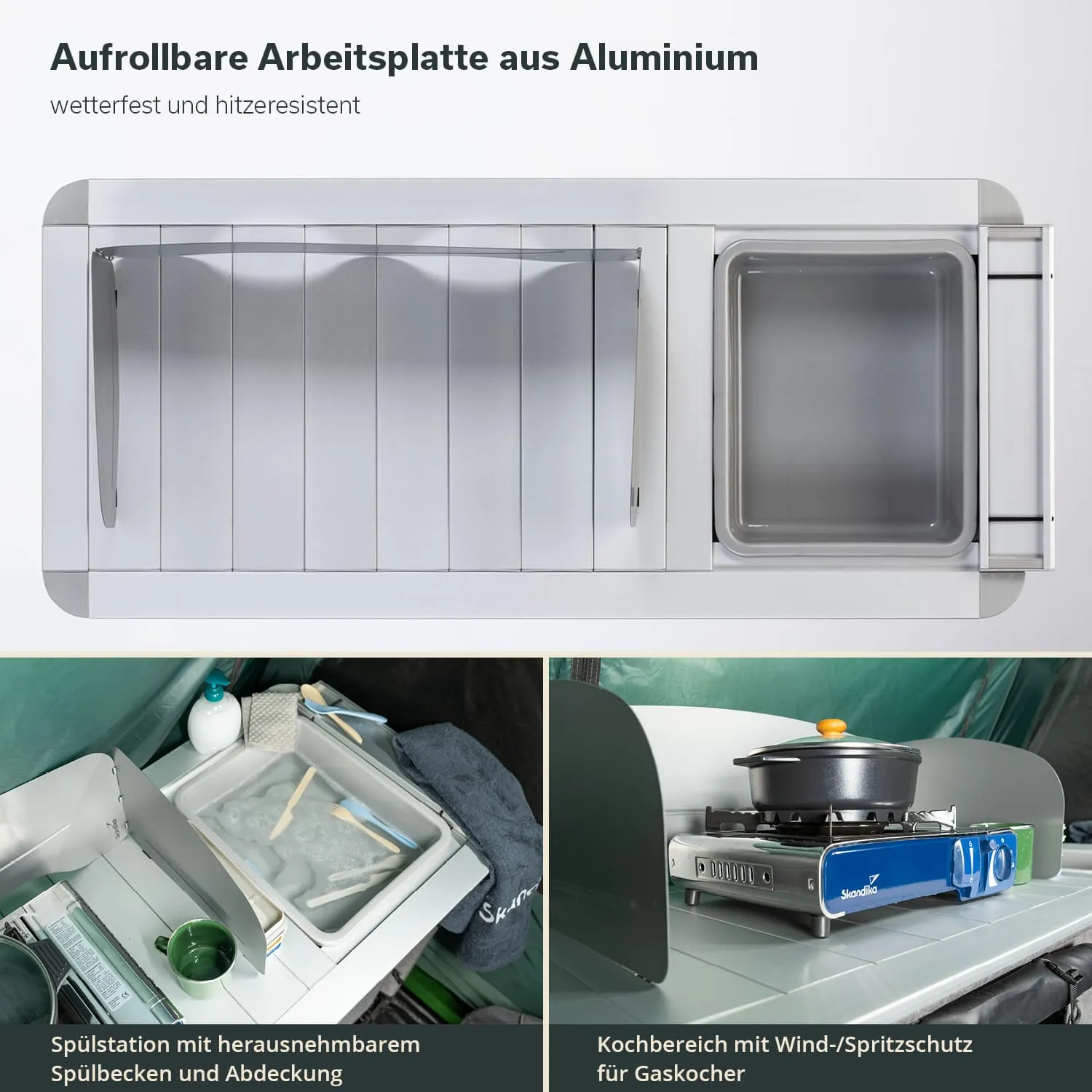 Aufrollbare Arbeitsplatte aus Aluminium, mit Spülstation und Kochbereich für Gaskocher. Übersichtliche Anordnung der Elemente.