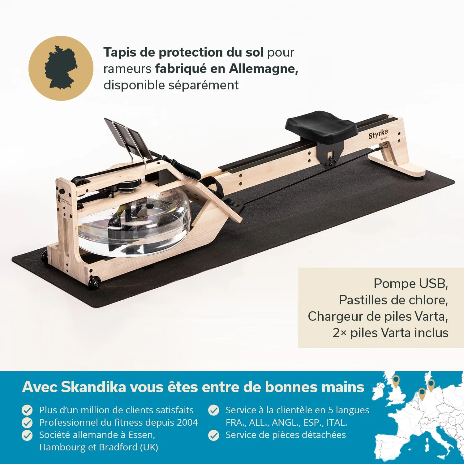 Tapis de protection noir für Rudergeräte, Holzstruktur mit Wassertank und Zubehör, in hellem Umgebung.