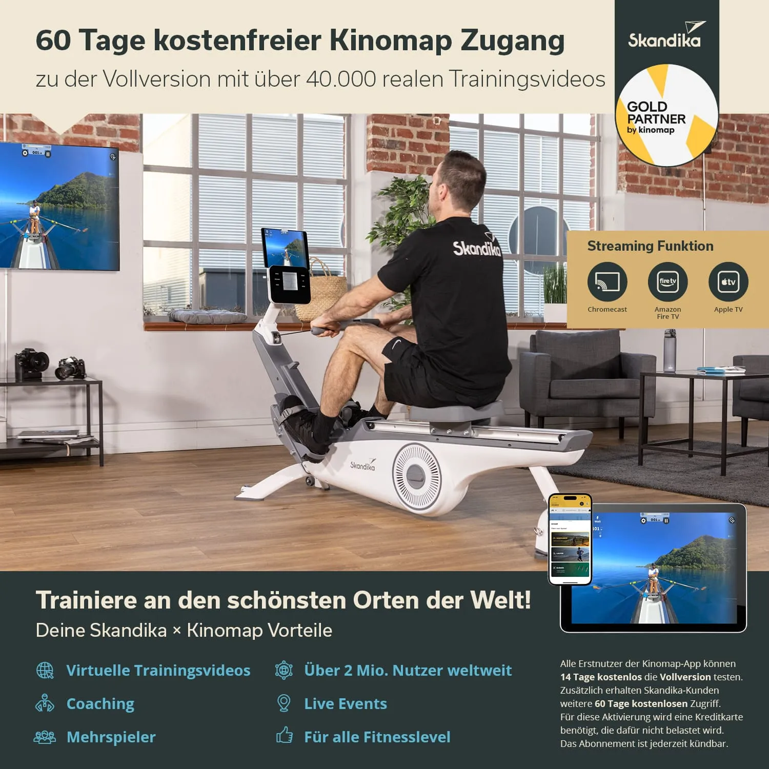 Person auf einem Rudergerät in einem modernen Raum, Bildschirm zeigt eine Trainingsumgebung, mehrere Geräte im Hintergrund.