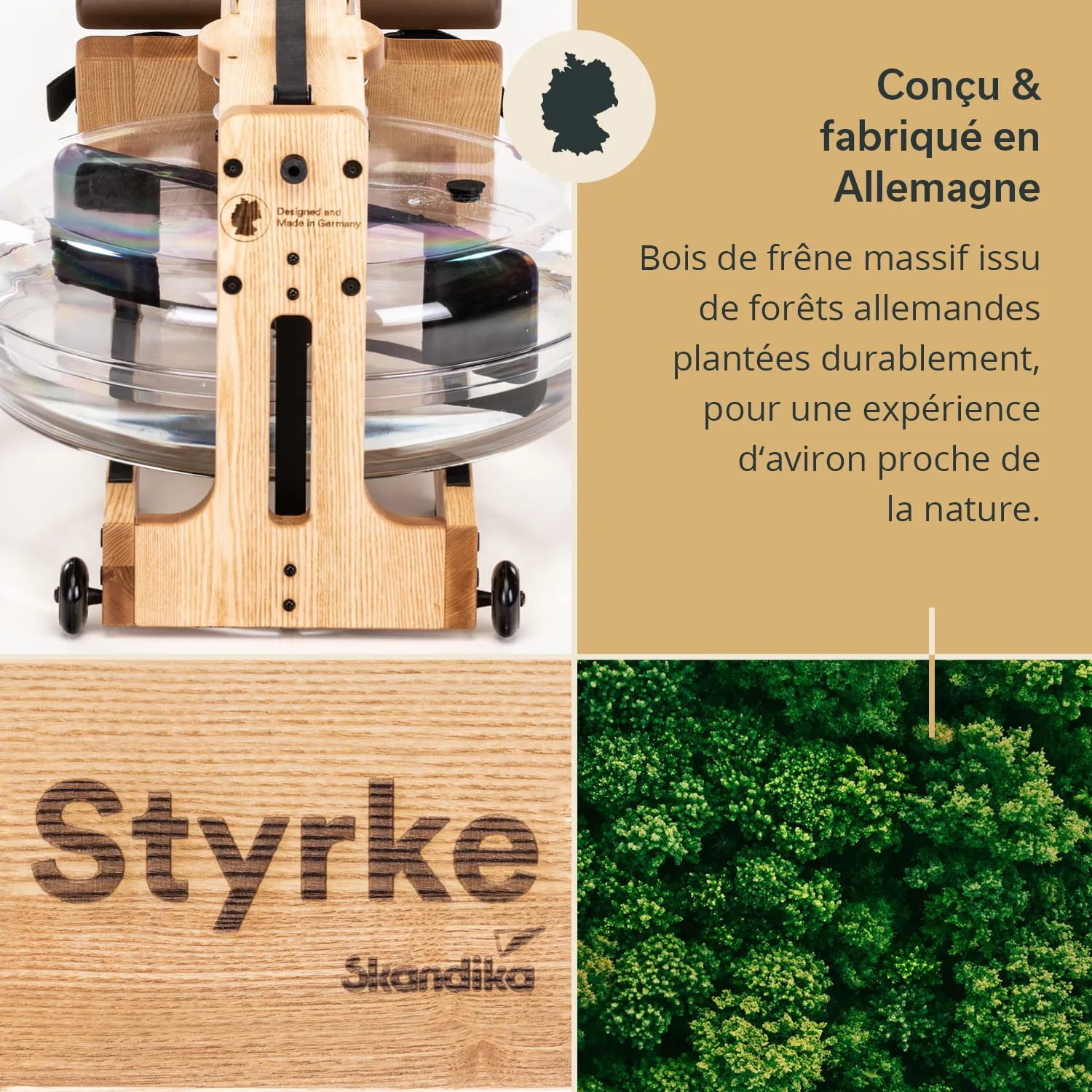 Holzgerät mit transparentem Wasserbehälter, Markenname „Styrke“, umgeben von Naturmotiven. Text über nachhaltige Materialien.