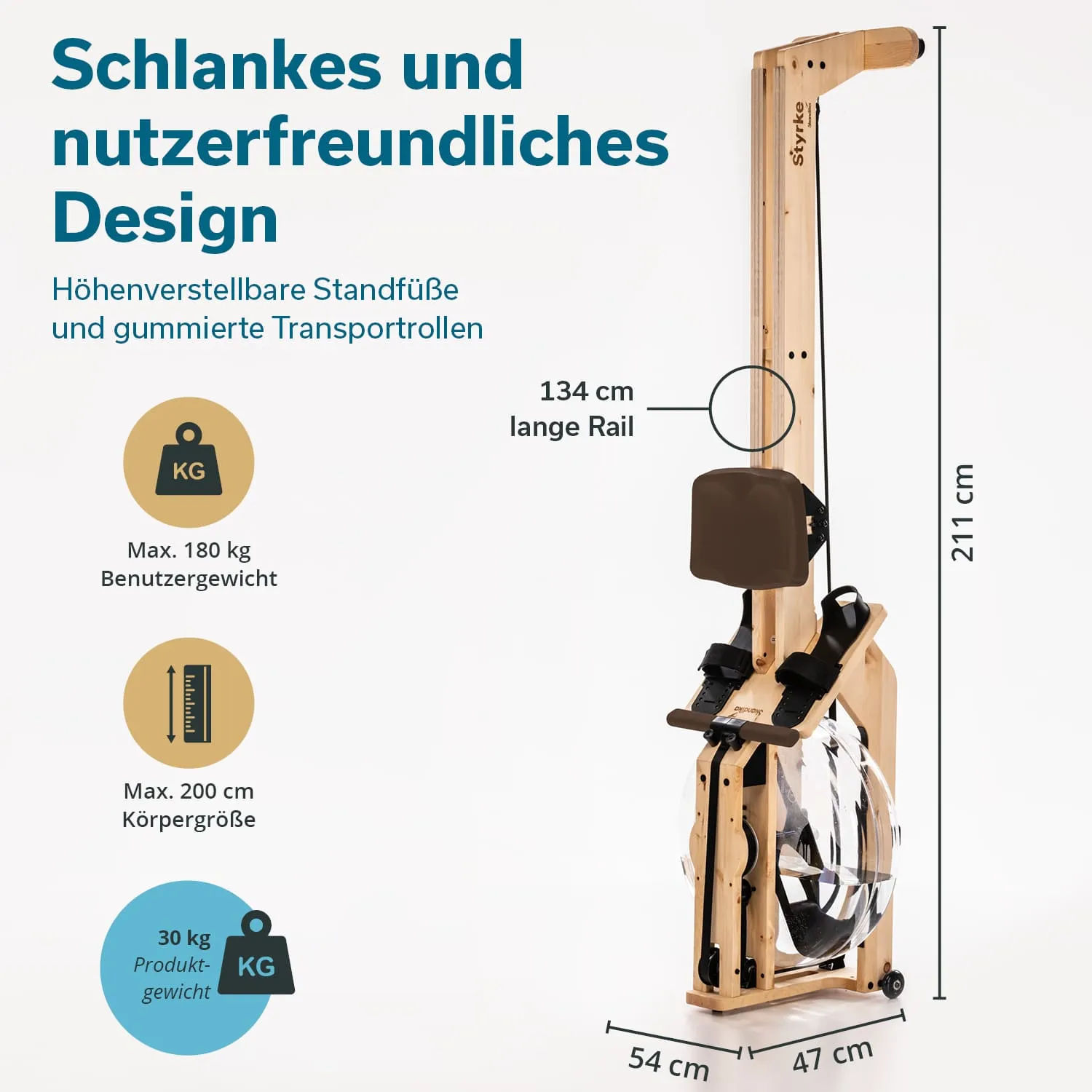 Rudergerät mit hochwertigem Holzdesign, verstellbaren Standfüßen, Transportrollen und den Maßen 211 cm (Höhe) und 54 cm (Breite).