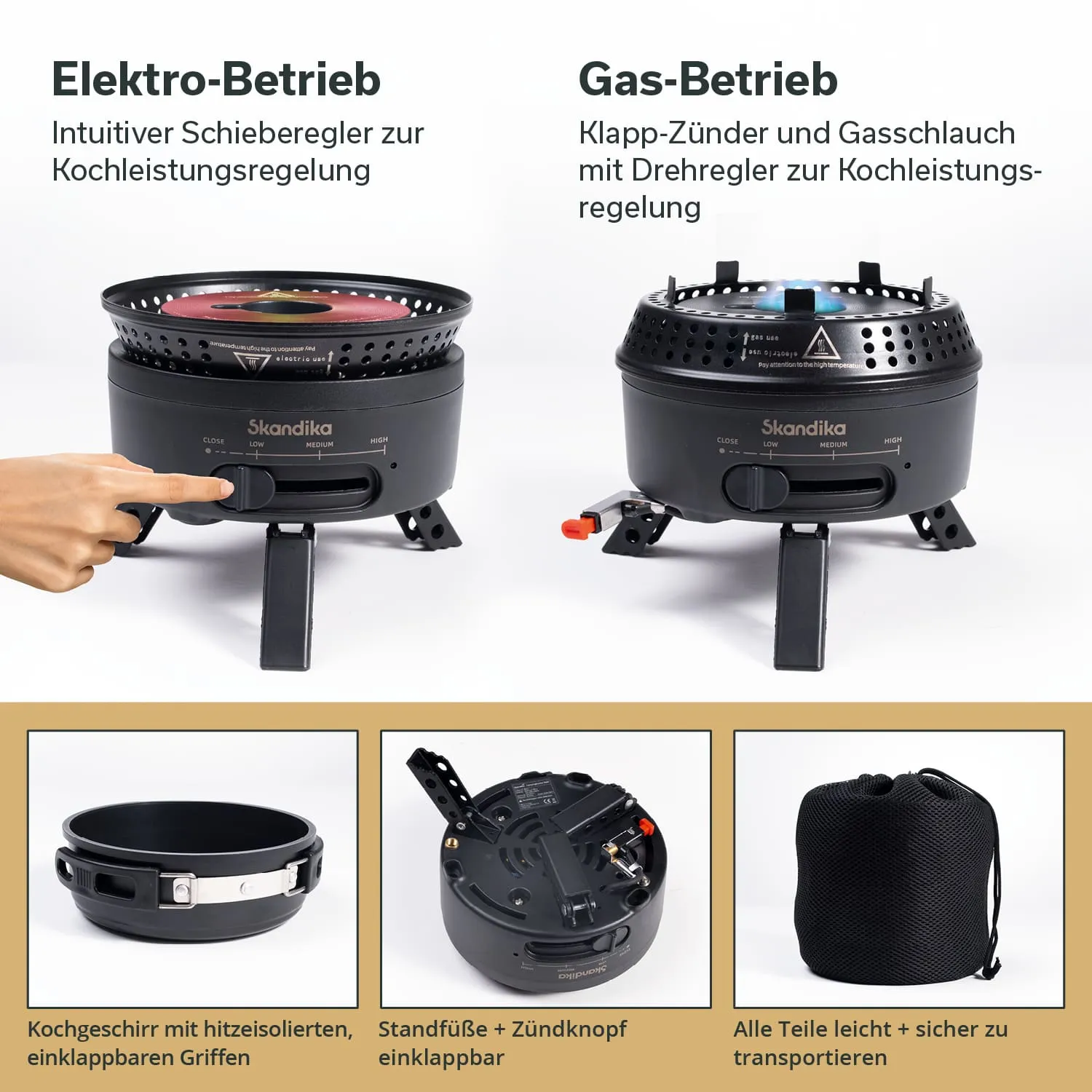 Zwei Kochgeräte in Schwarz, Elektro- und Gasbetrieb, mit Details zur Bedienung und herausnehmbaren Teilen. Zubehör in Kästchen dargestellt.