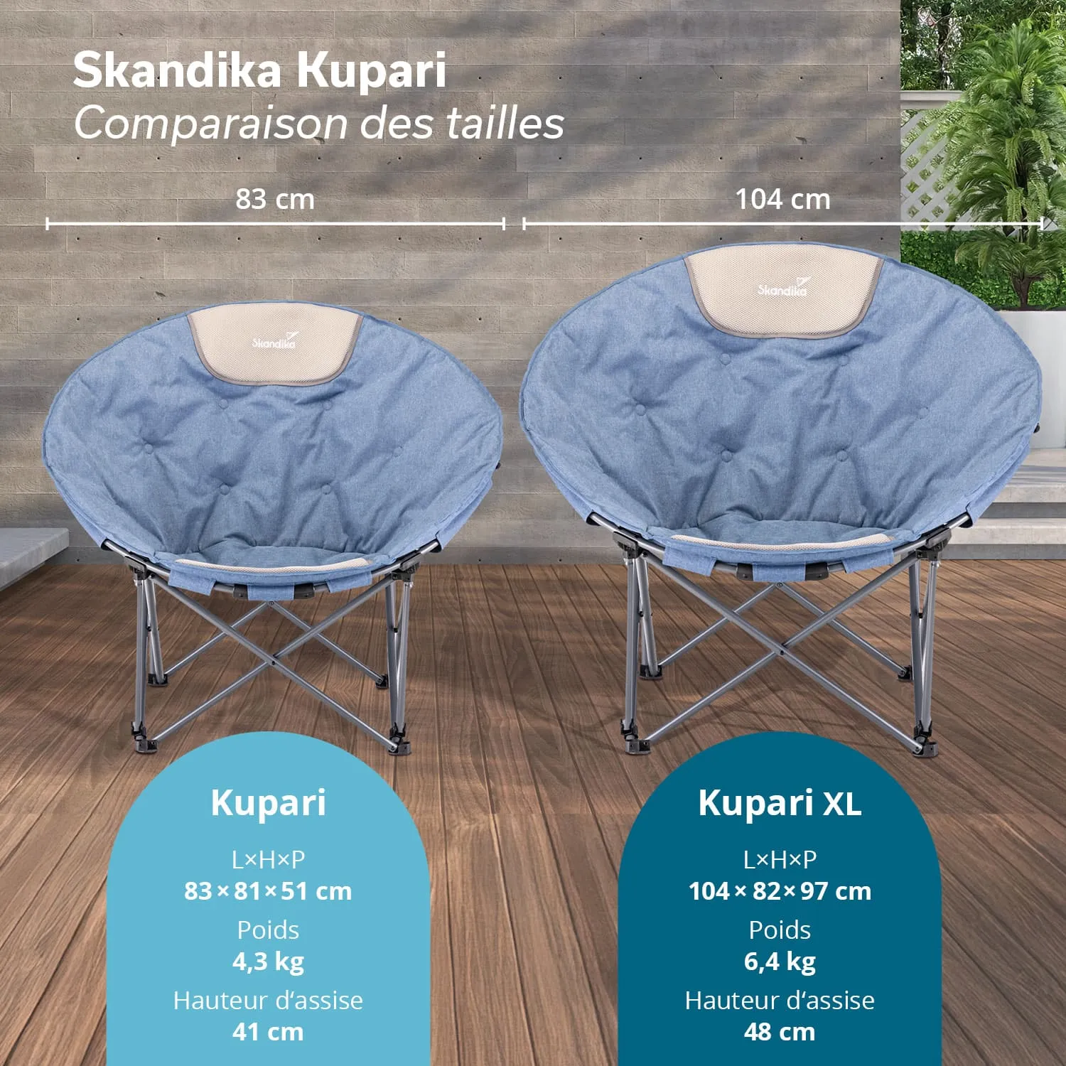 Zwei faltbare Stühle mit runden Sitzen stehen nebeneinander. Links der Kupari (83 cm) und rechts der Kupari XL (104 cm). Hintergrund mit Holzoptik.