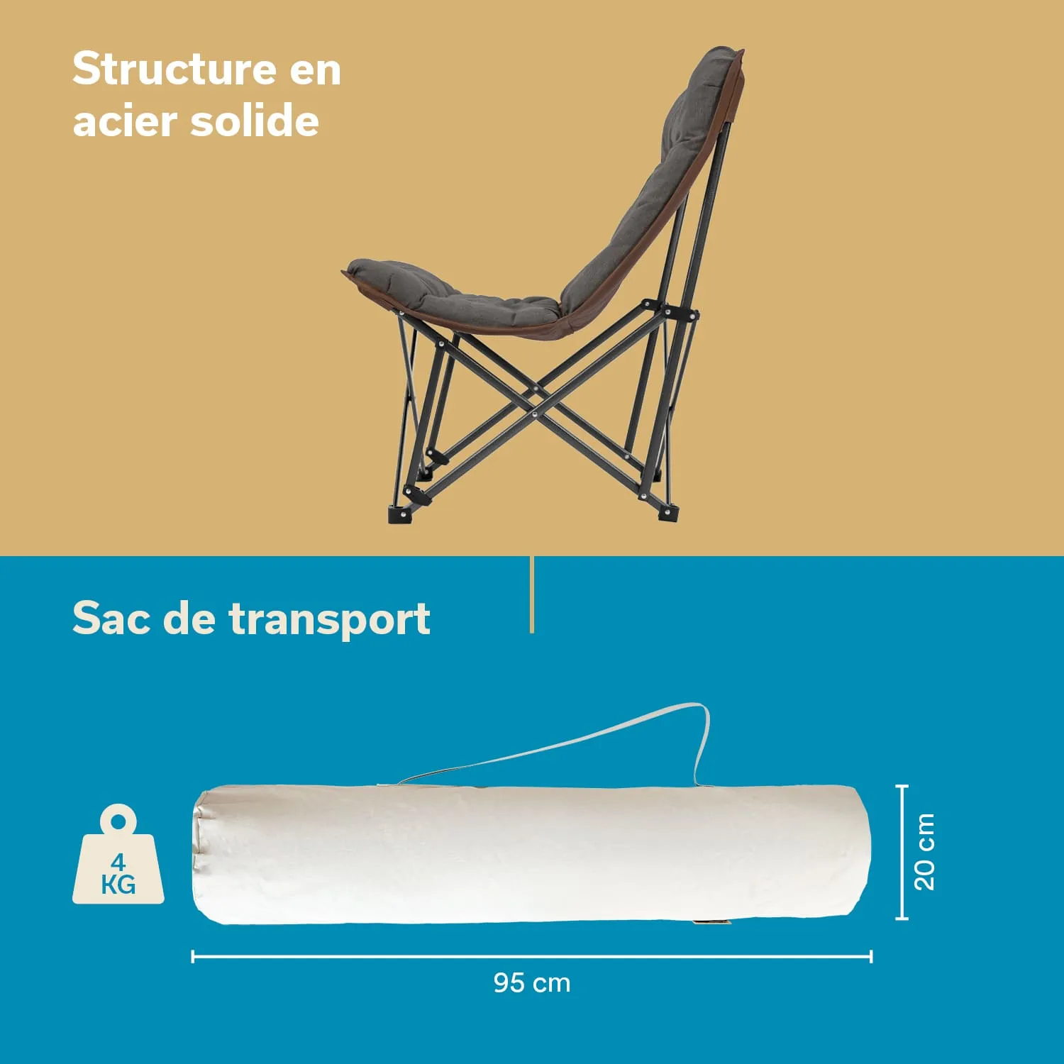 Sessel mit stabiler Stahlstruktur, seitlich dargestellt. Unten ein runder Transportbeutel, Maße angegeben.