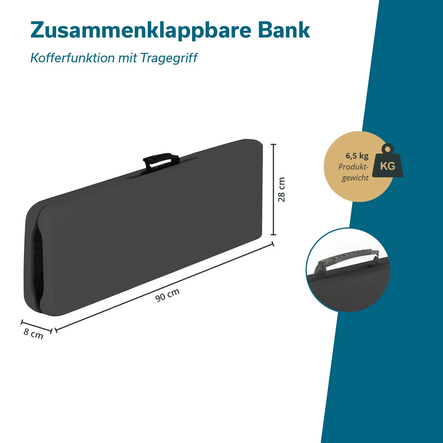 Zusammenklappbare Bank in grauer Farbe mit Traggriff. Maße: 90 cm x 28 cm x 8 cm, Gewicht: 6,5 kg.